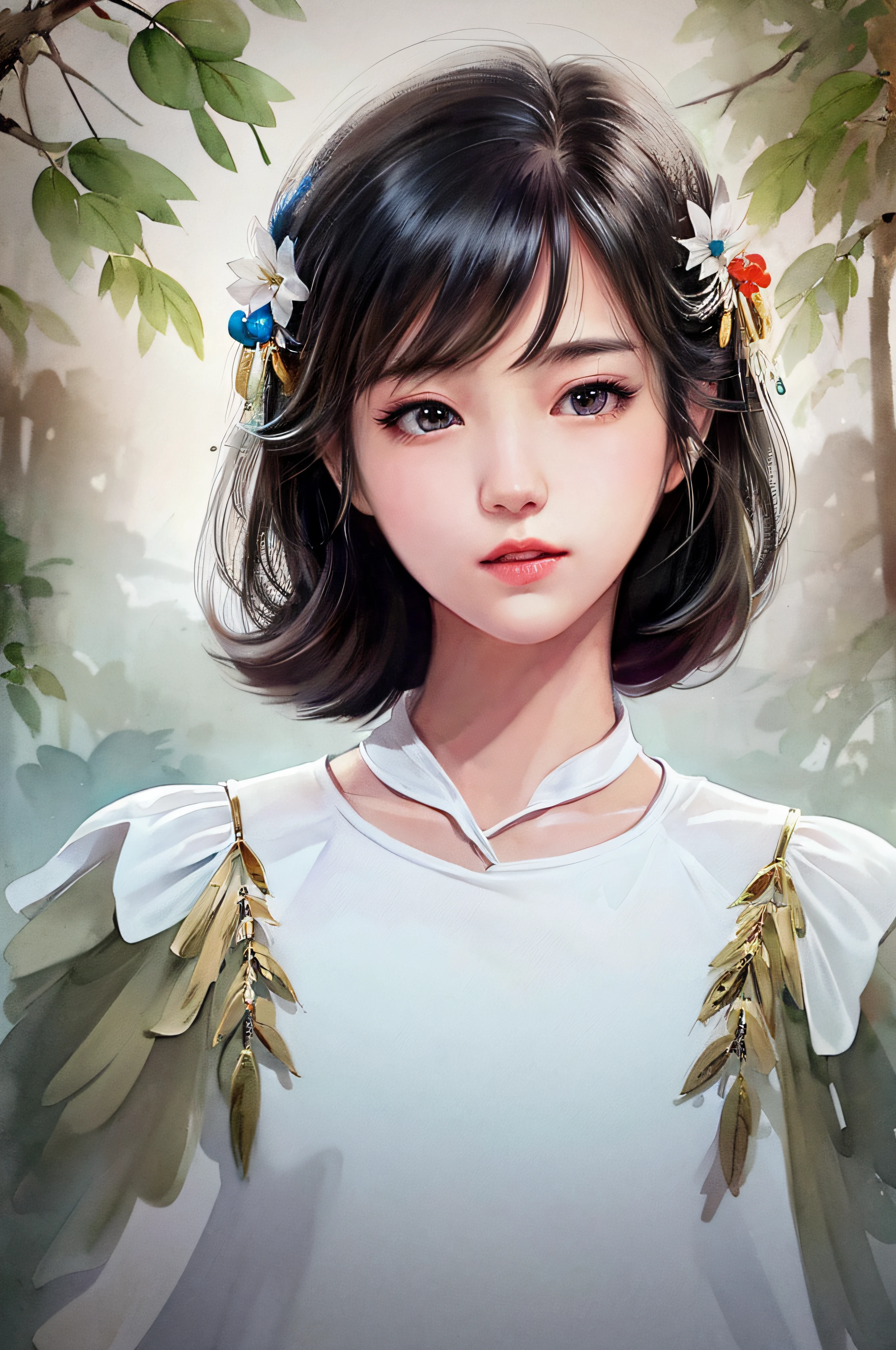 stechu,(white background:1.4), ((tachi-e)), original,(illustration:1.1),(best quality),(masterpiece:1.1),(extremely detailed CG unity 8k wallpaper:1.1), (colorful:0.9),(panorama shot:1.4),(solo:1.2), (ink splashing),(color splashing),((watercolor)), clear sharp focus,{ 1girl standing },((korean style )),flower background,outdoors,rocks, looking at viewer, make happy expressions,soft smile,pure,beautyfull detailed face and eyes,beautyfull intricacy clothing decorative pattern details, black hair,black eyes,colorwater