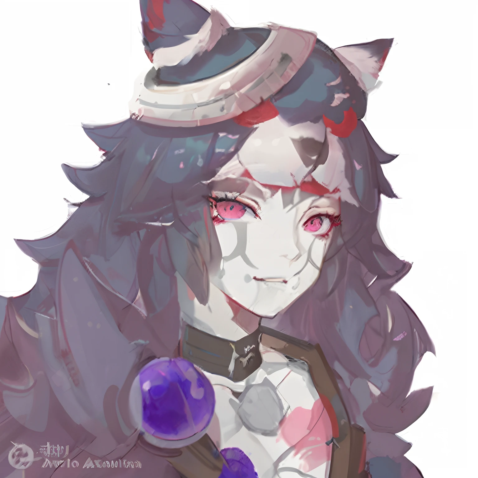 anime character with a hat and a purple ball, digital art from danganronpa, by Kamagurka, onmyoji portrait, onmyoji detailed art, by Kanbun Master, from arknights, onmyoji, from overwatch, wolf o'donnell, fully robotic!! catgirl, from overlord, shalltear from overlord