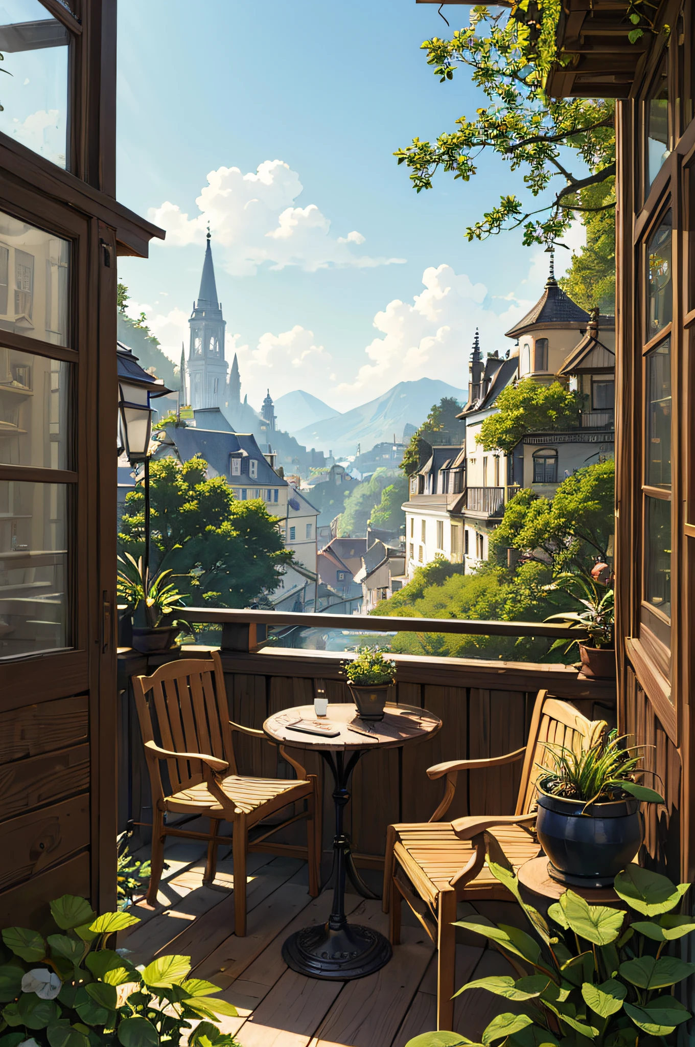 (micro-landscape:1.5),(best quality), ((masterpiece)), (highres), illustration, original, extremely detailed wallpaper, no humans, window, scenery, plant, water, potted plant, outdoors, building, door, house,  flower pot, day, lily pad, chair, flower, table, stairs, watermark, hat, tree,  sunlight, pond, grass, indoors,  reflection, lamp, balcony, black headwear, bush, sky, railing, desk, open window, shelf, leaf, book, web address, copyright name, ladder, architecture, shadow, solo, dated, vines, vase, city, cafe, lantern, bucket, ruins, bench, shop, signature, moss, boat, barrel, river,