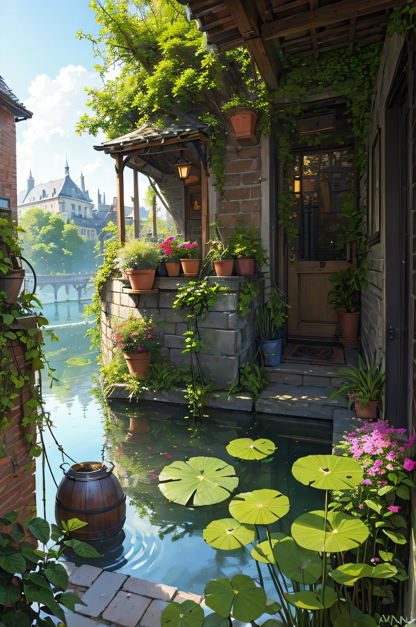(micro-landscape:1.5),(best quality), ((masterpiece)), (highres), illustration, original, extremely detailed wallpaper, no humans, window, scenery, plant, water, potted plant, outdoors, building, door, house, flower pot, day, lily pad, chair, flower, table, stairs, watermark, hat, tree, sunlight, pond, grass, indoors, reflection, lamp, balcony, black headwear, bush, sky, railing, desk, open window, shelf, leaf, book, web address, copyright name, ladder, architecture, shadow, solo, dated, vines, vase, city, cafe, lantern, bucket, ruins, bench, shop, signature, moss, boat, barrel, river,