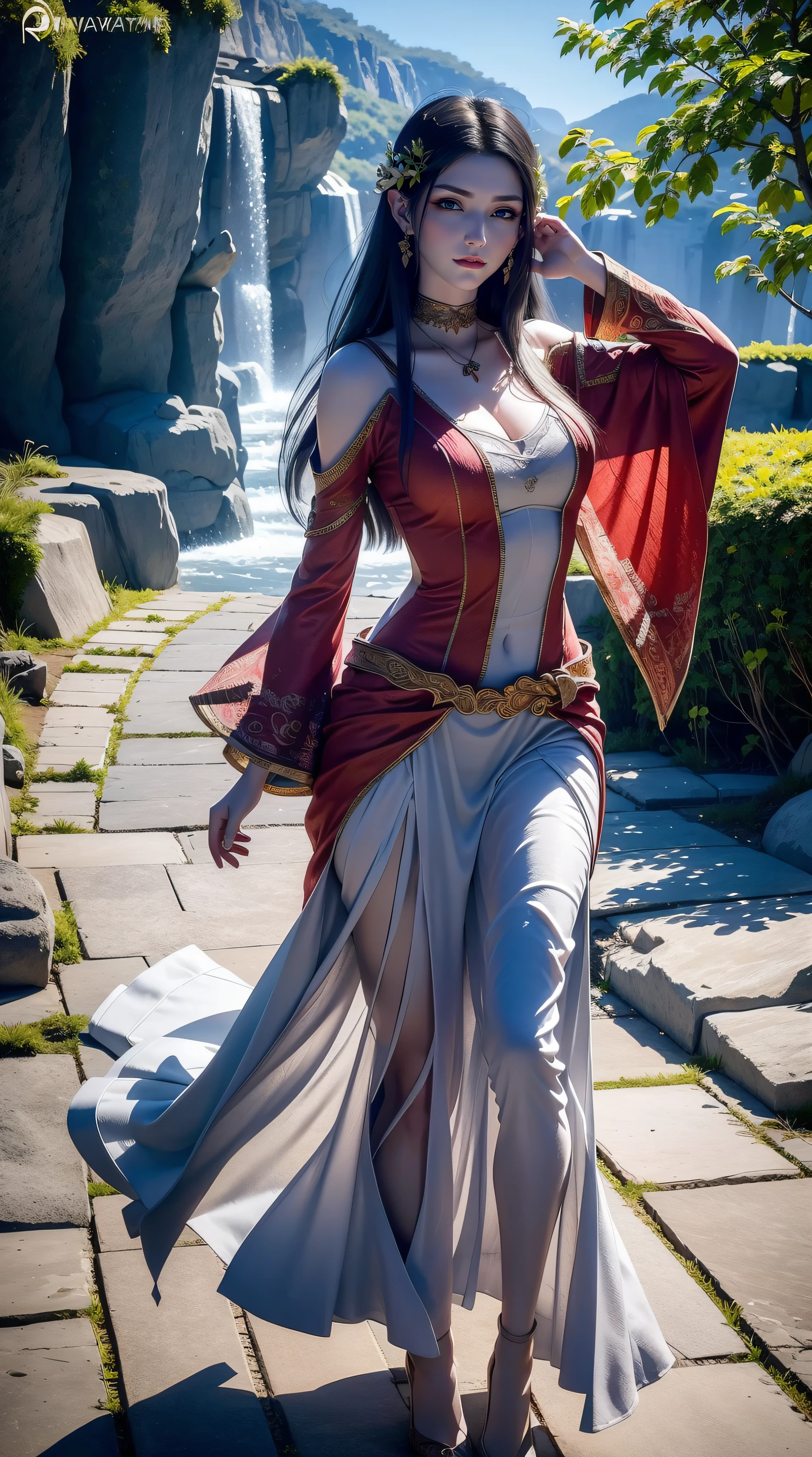 Beautiful detailed woman,very detailed eyes and faces, A detailed eye, ultra - detailed, A high resolution, The is very detailed,best qualtiy,illustratio,unified,8k 壁纸,tmasterpiece,best qualtiy,Faraway view，Telescopic shot，Great view，1girll，full bodyesbian，looki at viewer，face to the viewer，Long flowing hair，long  skirt，Background with：rays of sunshine，florals，waterfallr,Gorgeous，Brilliant and colorful，Random dynamic pose，Surreal 8000 grams，Impeccable，tmasterpiece，professionalartwork，famousartwork，电影灯光，cinematicbloom，Perfect face，beautifulface，fanciful，dream magical，Not real，intricately details，delicate patterns
