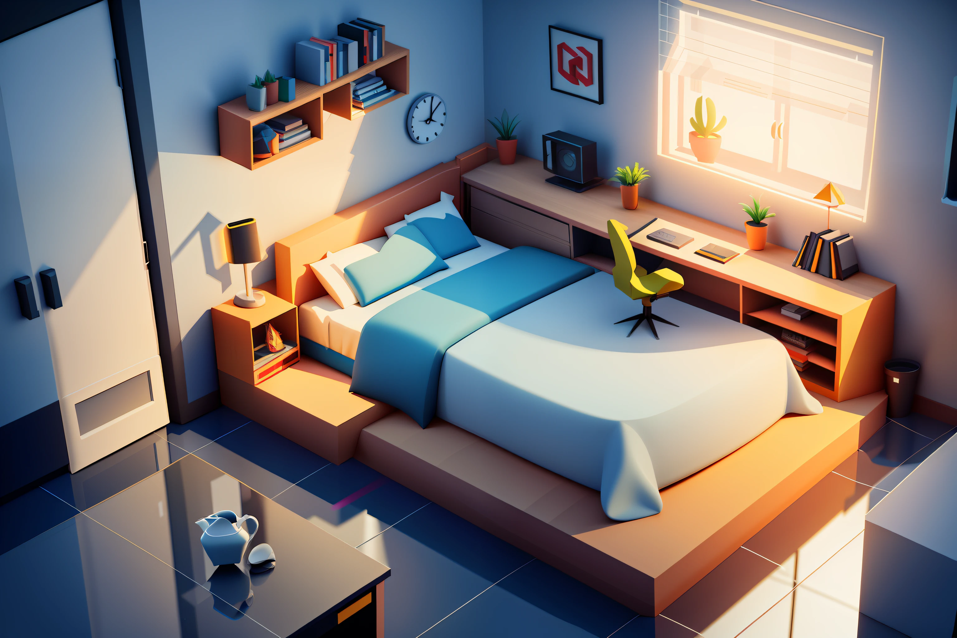 Isometric style, accurate 120 degrees, poly art, stylized 3D rendering, small room, 3D stylized scene,
