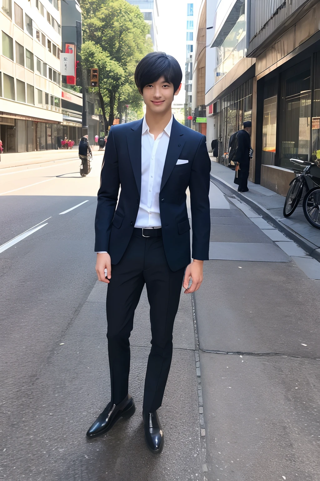 Handsome boy，young Japanese，19，Business suits，long legged，Wear leather shoes，Muscles are balanced，the skin is sunny，Three-dimensional face with facial features，elongated eyes，long eyelasher，Thin eyebrows，Smile，Urban Outdoors，Full body photo，in a panoramic view，Raised sexy，Mashed hairstyles，Height is 180 cm，Weight 65 kg