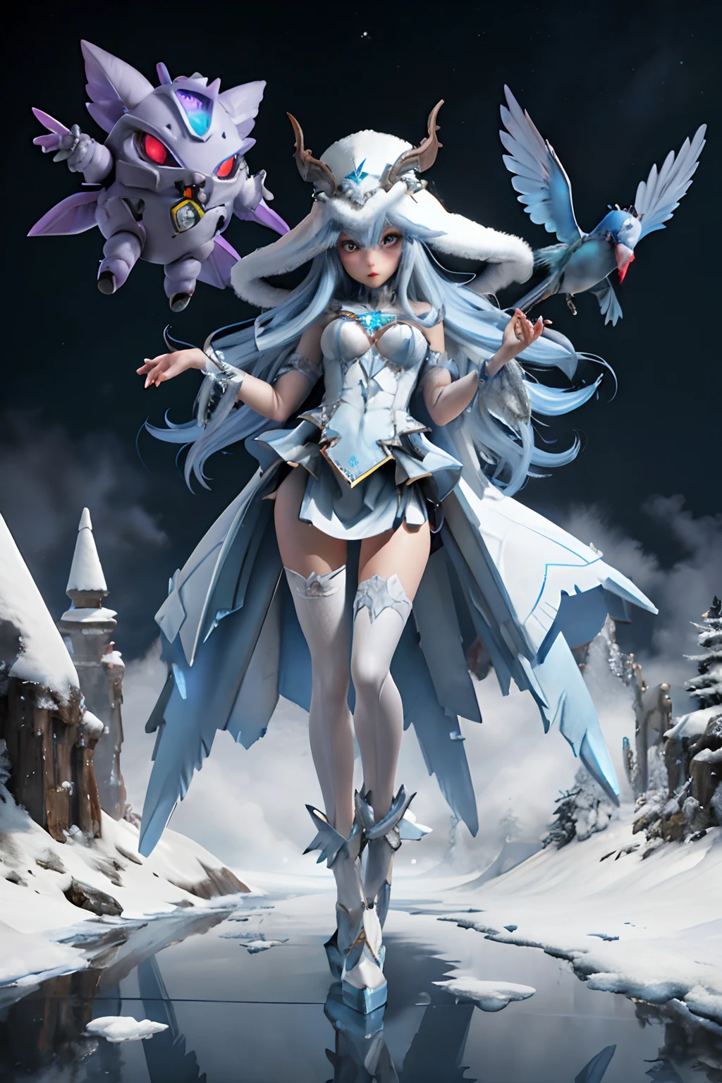 Full body standing), Full body shot 、Fluffy costumes,、She wears white fluffy clothes,Queen with beautiful winter face in severe cold、 Fluffy hat, Ice World, And the ice pendant.、Portraits of characters from Night Elf Warden World of Warcraft, A hyper-realistic, Wide Angle, Intricate details, Blade Runner artifacts, , masutepiece, Absolutely perfect, stunning images, Visually rich, Intricately detailed, Concept art, by Emsifer, Luminescent holographic, Cinematic, UHD Wallpapers, 。.。.。.。.。.3D, Octane Render, Volumetric Lights, Full body,Scientist in a suit、Pixel 90s character with hummingbird, Gear and its brain and background clock are futuristic、Many top anime characters are running ,Cute monster little bulldozer in the shape of big little robot, full body Esbian。.。.。.。.3D Animation, Anime Monsters