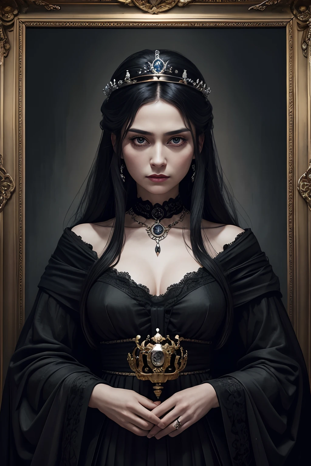Black tones、Hell、purgatory、Mozart's Requiem、Mystical、horor、rokoko、darkness、karo、badas、epidemic、ruler、Pitch Black Darkness、hopelessness、lamentation、oppression、nothingness、intense cold、Black Ghost、Mature woman in her 40s adult woman、Queen of the Dead、Persephone、hades、awe、immortal、draconian、Awe-inspiring Hall々、Proud、noble、dignity、solemnity、ruthless、Lack of warmth、3-point live method、Oil Painting、Best Quality、hight resolution、foco nítido、Portrait of Queen D,Highly detailed footage of the Queen of the Dead,Stunning portrait of the Queen of the Exparted,Portrait of the Queen of the Dead,Full body close-up of the Queen of the Dead、perfect-composition