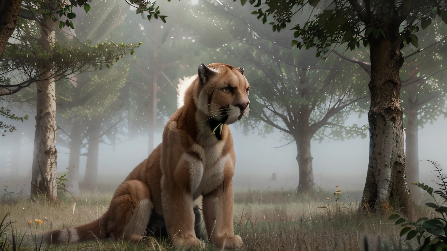 (1cougar in the fog:1.5), Mist in the Woods, clear stream, sunlight filtering through the trees, (poor visibility due to thick fog:1.5), (Masterpiece), (Best Quality), (Ultra high Detailes), (Photorealistic)