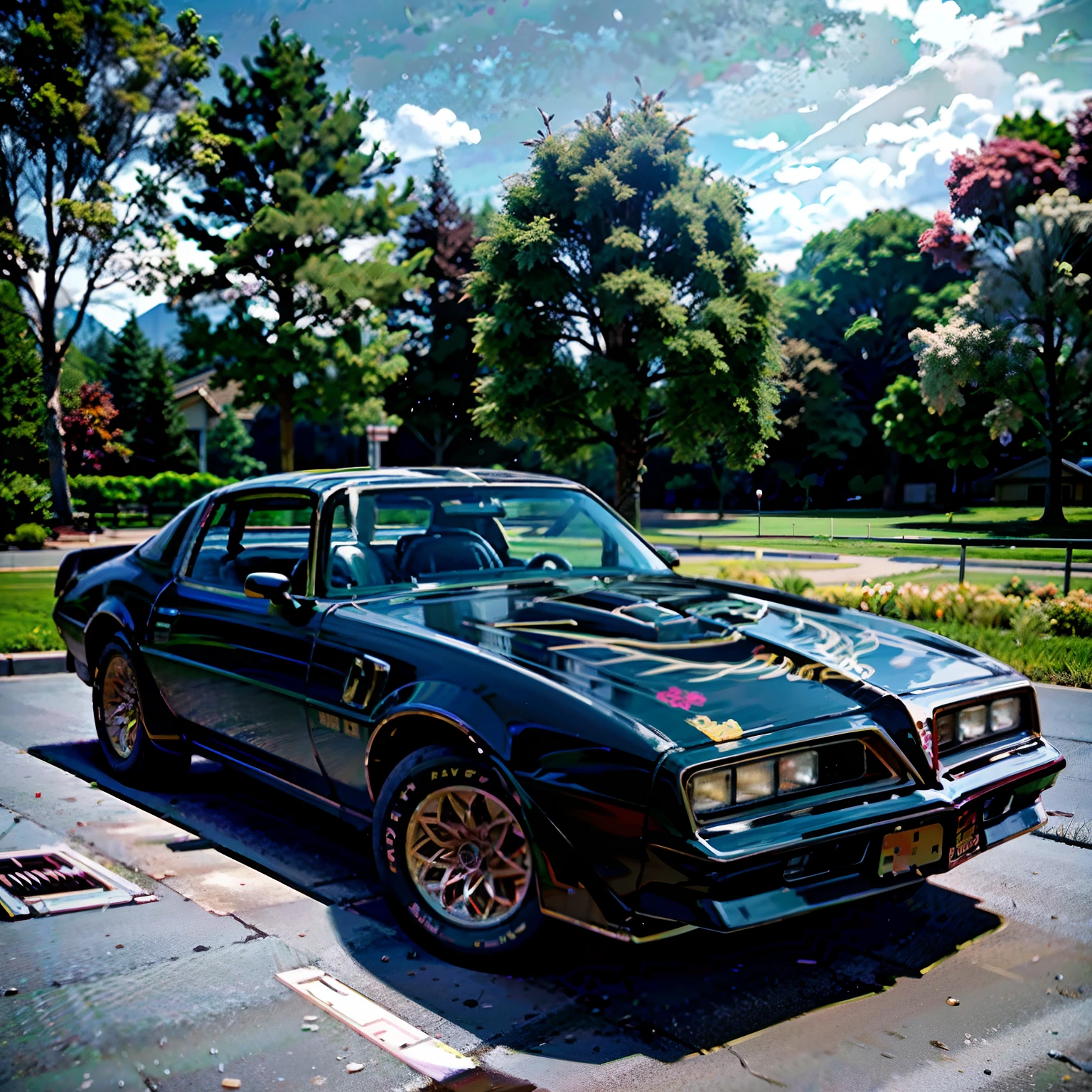 There is a blue pontiac fire bird parked in a parking lot with trees in the background, the last v 8 interceptor, muscle cars, a wide full shot, 1985, 1980 cars, falcon, chevy, pontiac, sharp front bumper, cone bumber, smokey and the bandit, bandit one, 1980 pontiac, 1979 pontiac