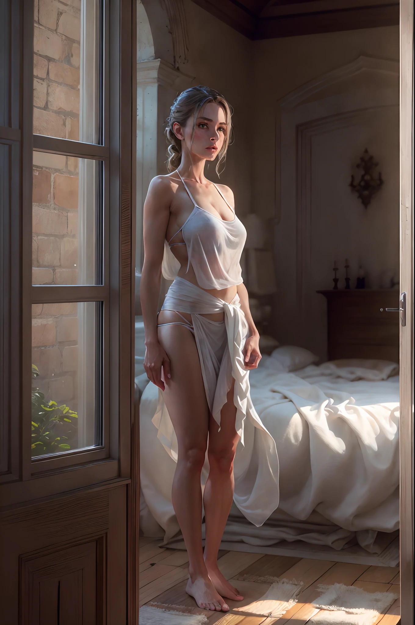 4k highly detailed realistic ((full body including legs)) photo of beautiful 30 year old Anglo-Saxon sweaty girl with ((sharp jawline)) and perky tits, in wet clothes standing by the bedroom window in a royal castle with white stony walls, in a white sarong and bikini, sweaty face, blemish free face, highly detailed face, cinematic , unreal engine, masterpiece