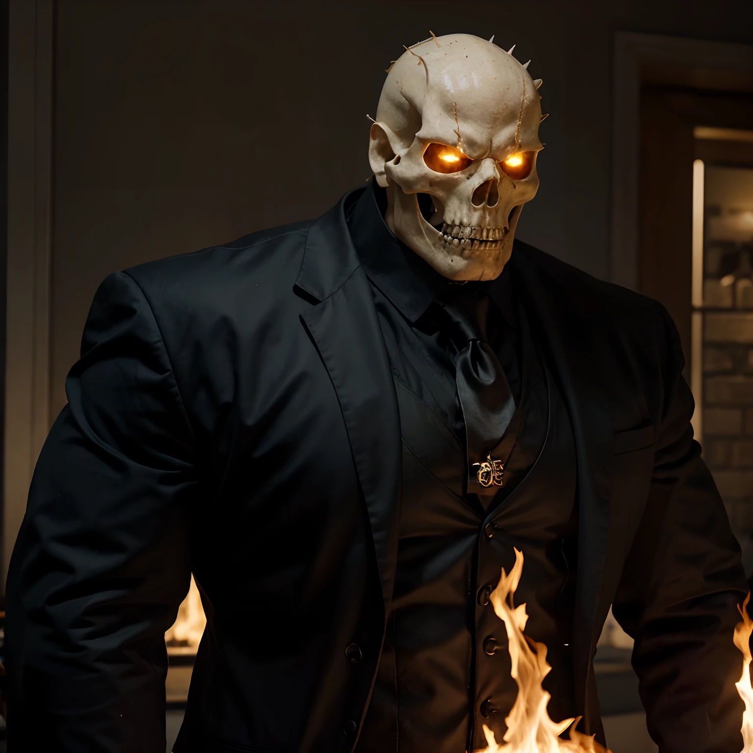 Ghost rider , muscled with huge pecs , hugge torso , huge arms , with a skull head like with fire , in suit with a tie ans spikes