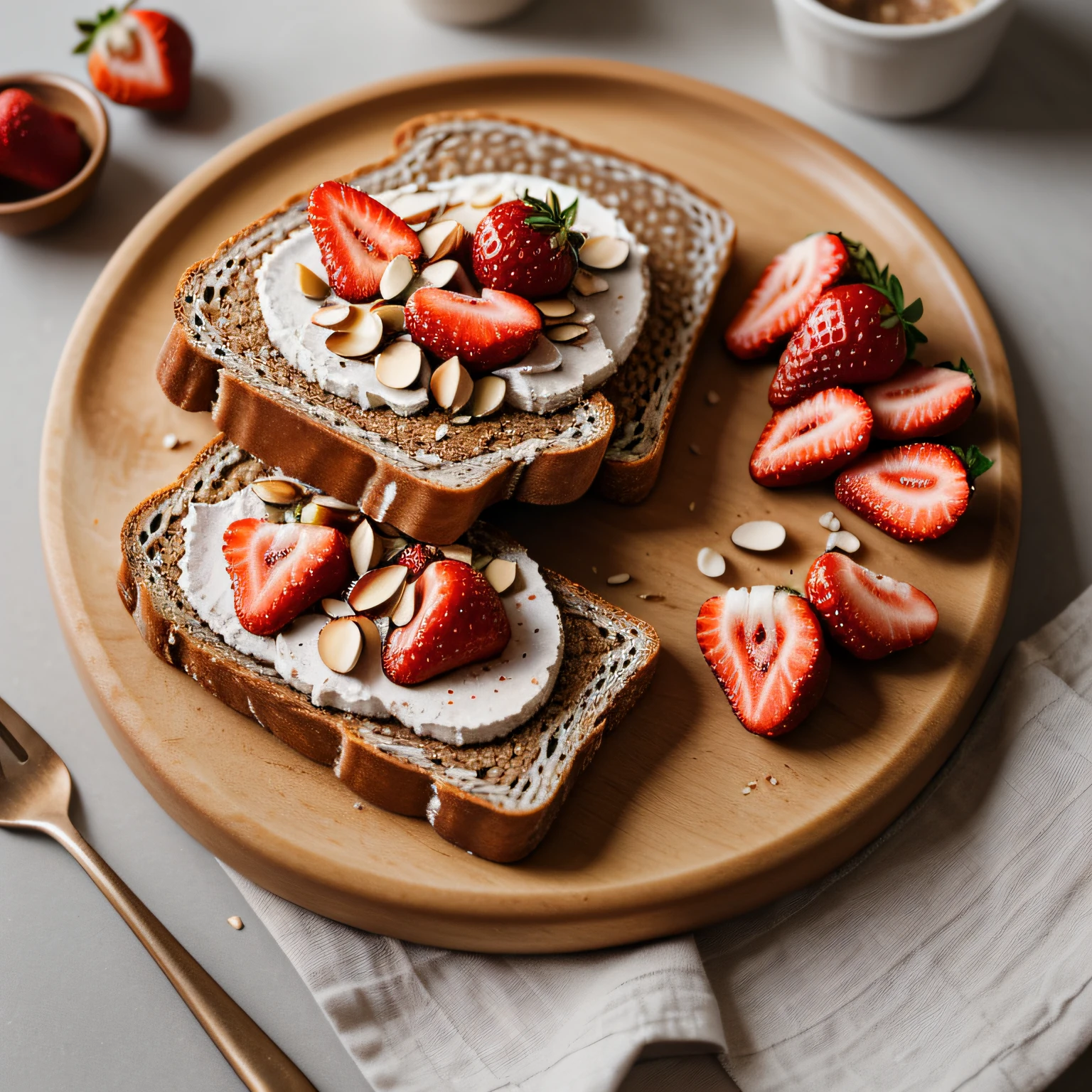 RAW photo, Whole-grain toast with almond butter and sliced strawberries, foodphoto, professional colour grading, soft shadows, no contrast, clean sharp focus, foodphoto,