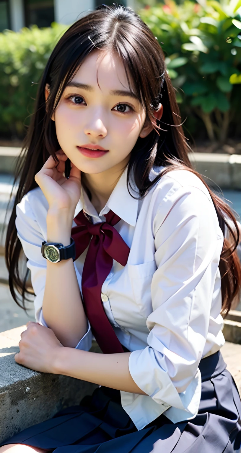 ((top-quality、masterpiece))、Raw photography、8K、top-quality、 超A high resolution、Beautiful face in every detail、Realistic human skin、Gentle expression、front-facing view、Farbe々From an angle、realisitic、Photorealsitic、Beautie、length hair、a short skirt、Beautiful schoolgirl、Japan schoolgirl wearing uniform、Surreal High School Girl、(wrist watch)、neck tie、smil、a park、blue-sky、lawn、