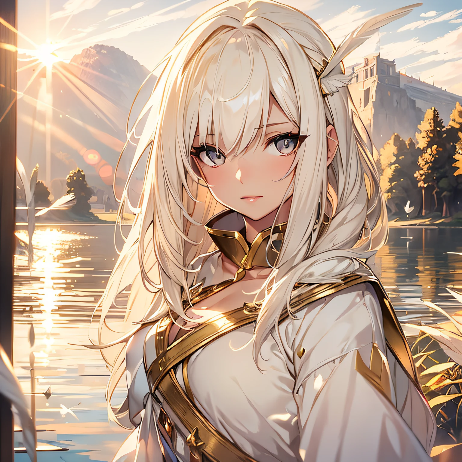 alluring swan woman, sun rise, golden hour lighting, close portrait, beautiful eyes, white feather hair, beautiful feather, soft colors, lake side, romantic lighting, floating feathers, beautiful lips, black eyes