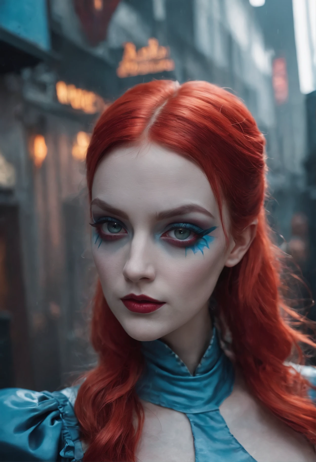 Close up of an adult woman as (Alice in Wonderland:1.1), dressed in tight attire, amidst an intense city landscape with a Blade Runner aesthetic, narrow street crowded with people, rain, steam, neon, dark, (small:1.5)