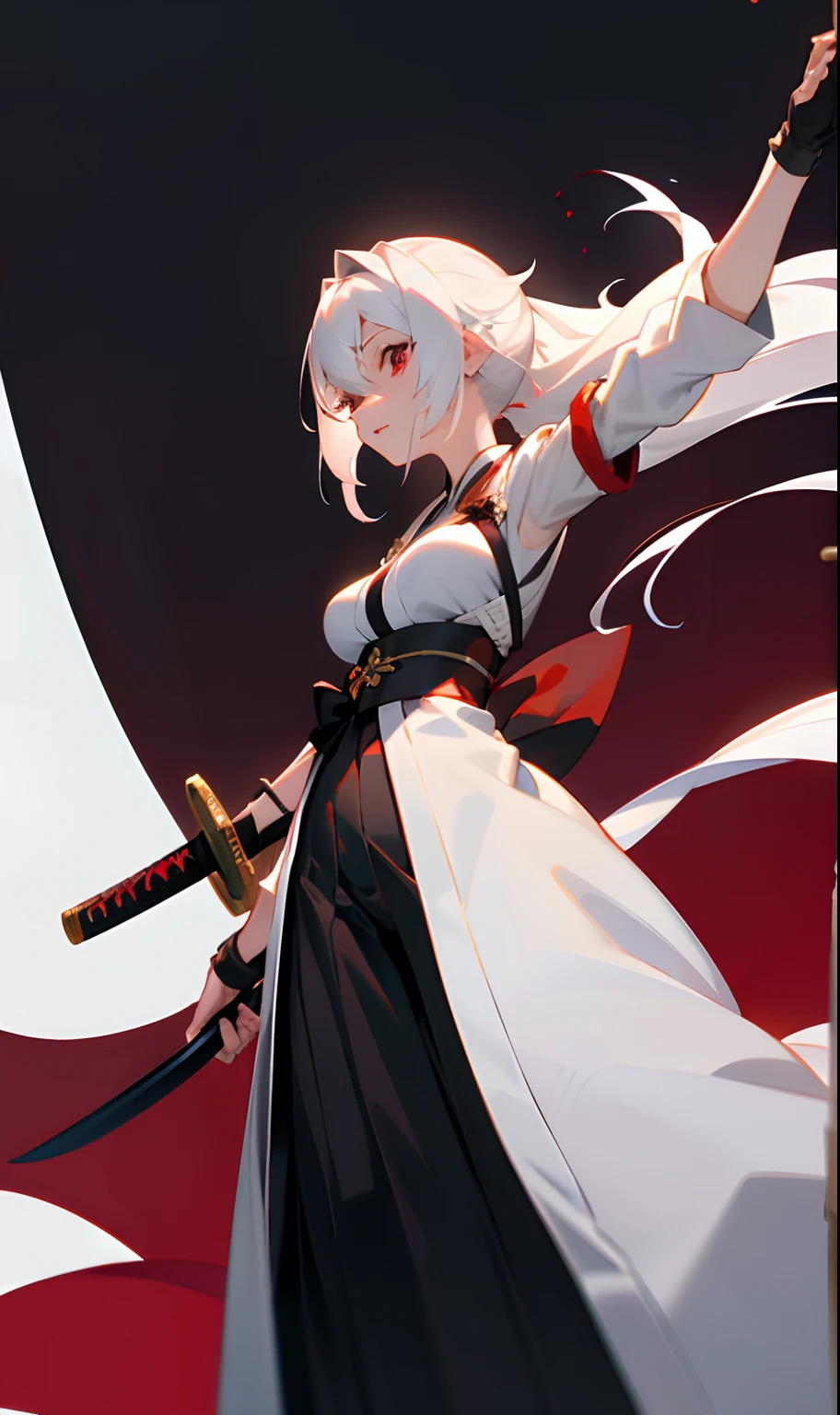 Garota com corpo forte, medium breasts with long straight white hair down to her leg wearing a black haori with some white armbands and some white articles of clothing with a katana at the blue waist and hair tied up in the red eyes