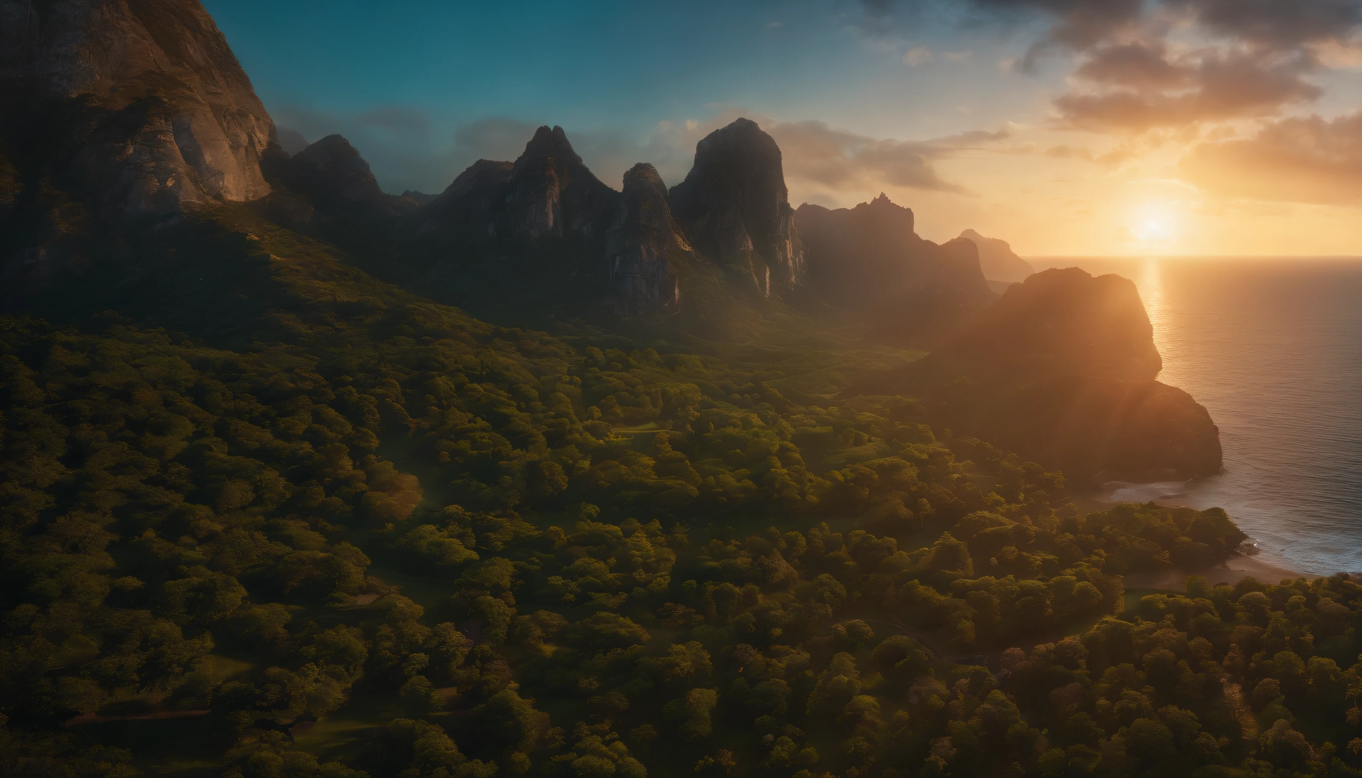 Aerial view of a hyper detailed fantasy world, com uma torre esmeralda no centro da cena, crystal clear waters, With the twilight sky, luz crepuscular, Sunset light, direction of light coming from the right side of the photo, photographic light, ultra foto realista, cinematic realistic photo, 4k, HD, camera R5 com lente de 35 mm --ar 16:9 --s 1000