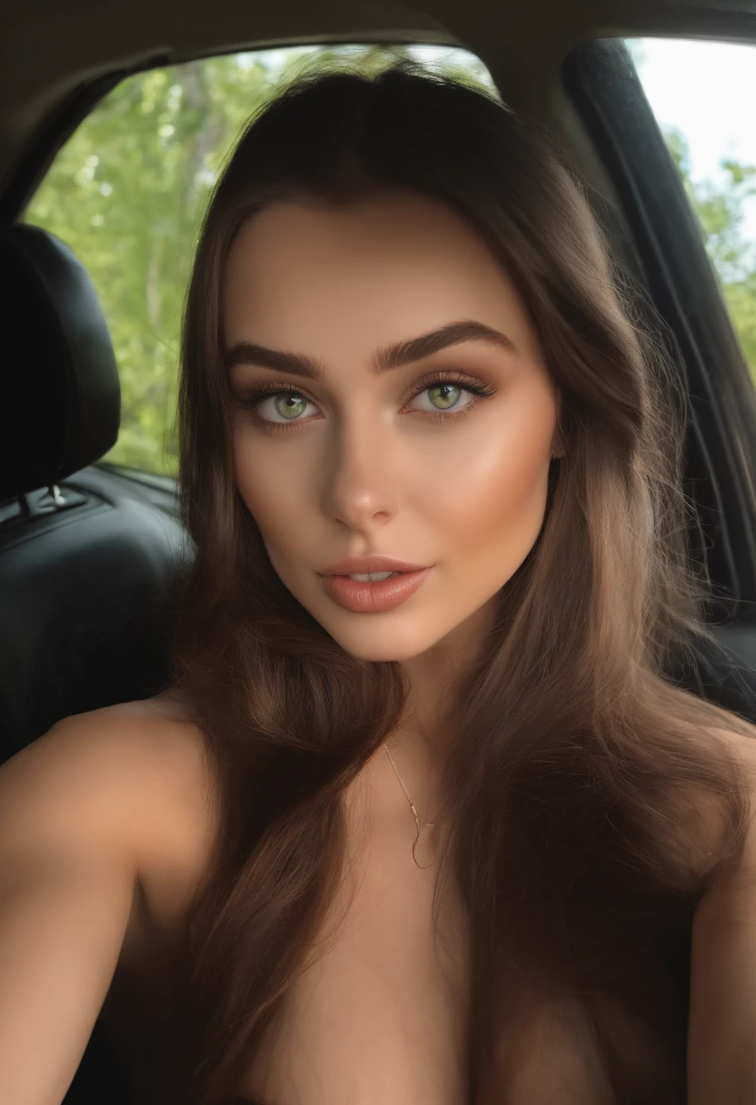 arafed woman with large breasts, sexy girl with green eyes, portrait sophie mudd, brown hair and large eyes, selfie of a young woman, driving