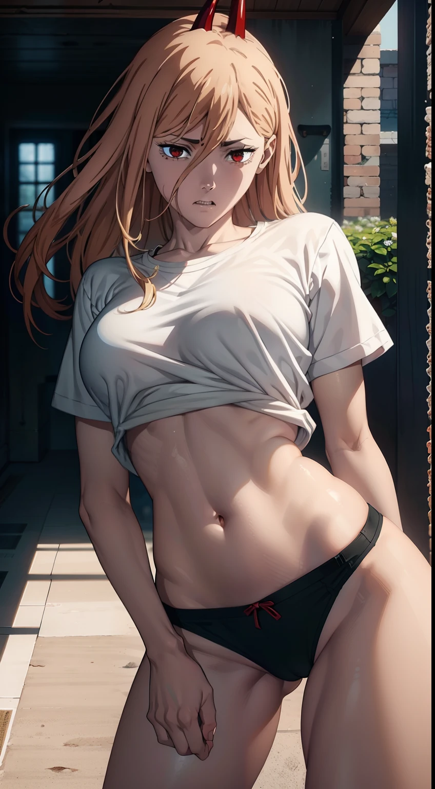 tshirt, briefs, sneakers, Beautiful waist, You can see the whole figure, nice feet, Old, laughting, waist, buttocks, ultra sharp image, Beautiful figure, Beautiful little breasts, sexypose, sharp teeth, laughting, ultra detail face, Ultra Transparent, Chainsaw Man Energy, Two red sharp horns on the head, ultra sharp image, Ultra Beautiful, little chest. hairlong, blonde woman, Beautiful figure, taut clothes, red-eyes, Red crosses and circles instead of pupils, handsome body, sexy clothes, Beautiful eyes, very detailed eyes, Very detailed face, handsome body, Cherecter Desing, Very detailed, Detailed body, Detailed hands, Detailed, Vibrants, Detailed Face, sharp-focus, WLOP, artgerm, anime art, Vibrants, Detailed Face, Hugh Details, sharp-focus, Very drooping face, A detailed eye, super fine illustration, better shadow, finely detail, Beautiful detail