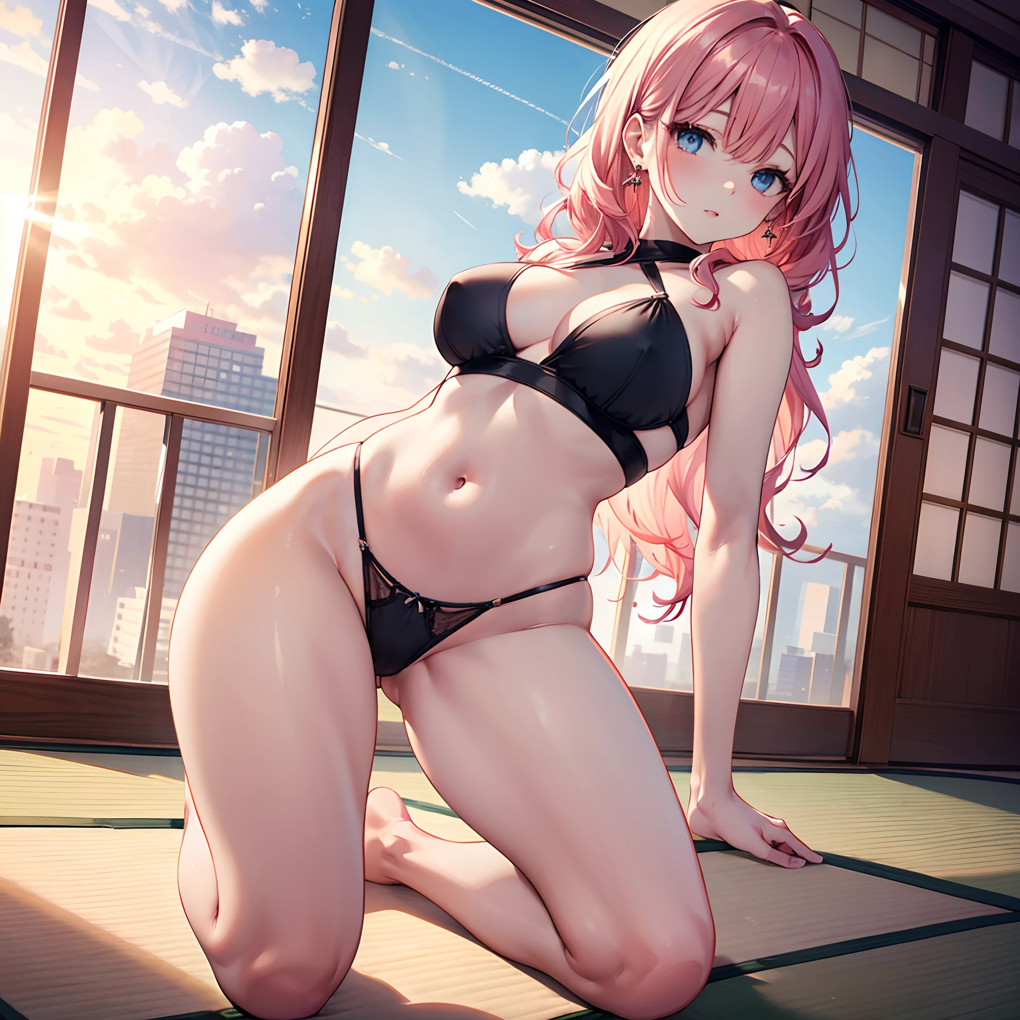 Realistic and detailed image of a girl dressed in a halter top and thong. She has long wavy pinkish red hair. Light blue eyes. She has earrings, long eyelashes. She has full lips, medium breasts, slim waist, very wide hips and thick thighs. buttock view, panty view. Back arched. She is kneeling on a tatami mat with rays of the sun at sunset.