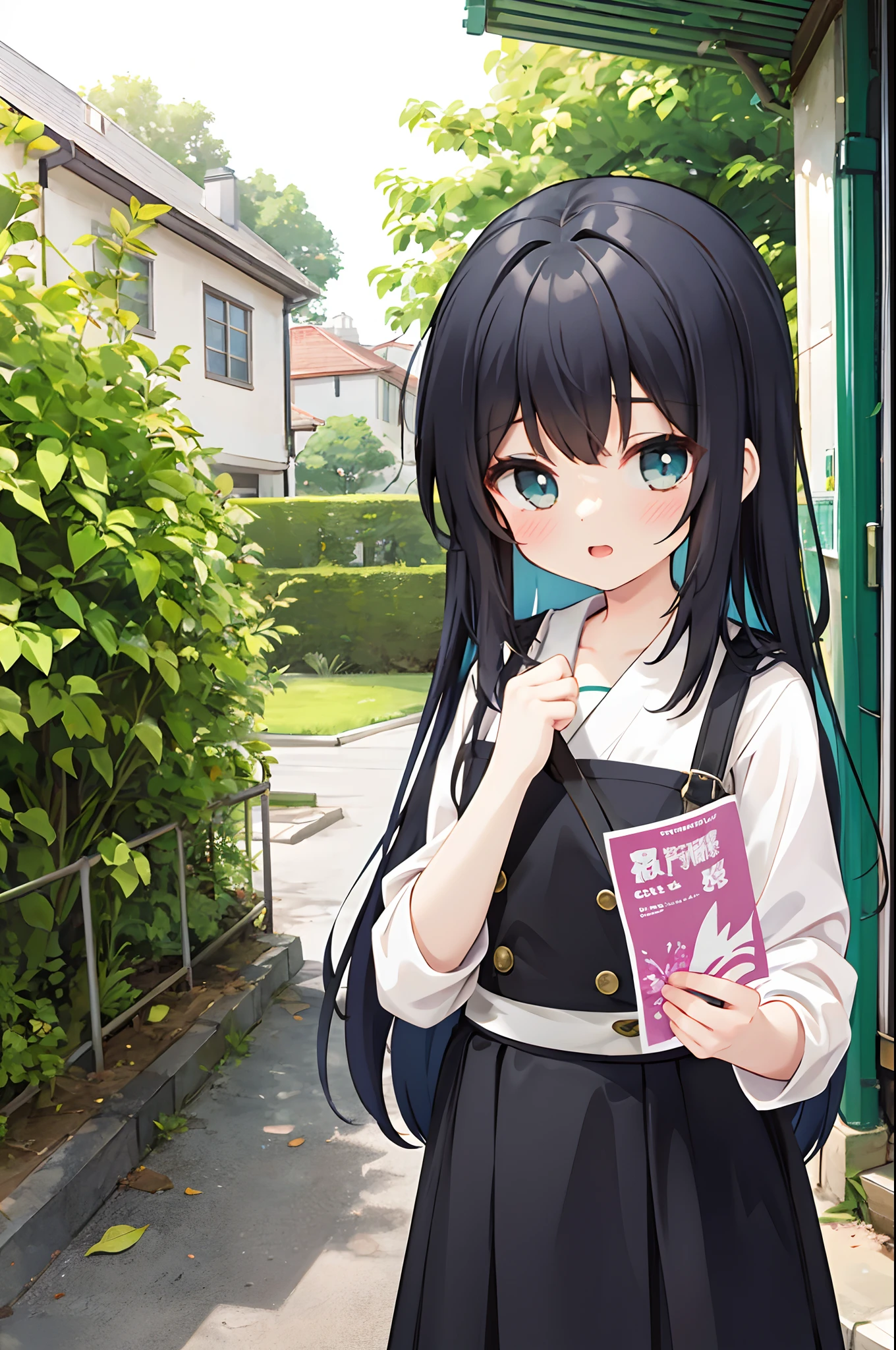 1 girl, the anime, Anime style, Holds leaflets, distributes leaflets, advertisement, Leaves, Holding a leaflet, gives the leaflet, asks to be picked up