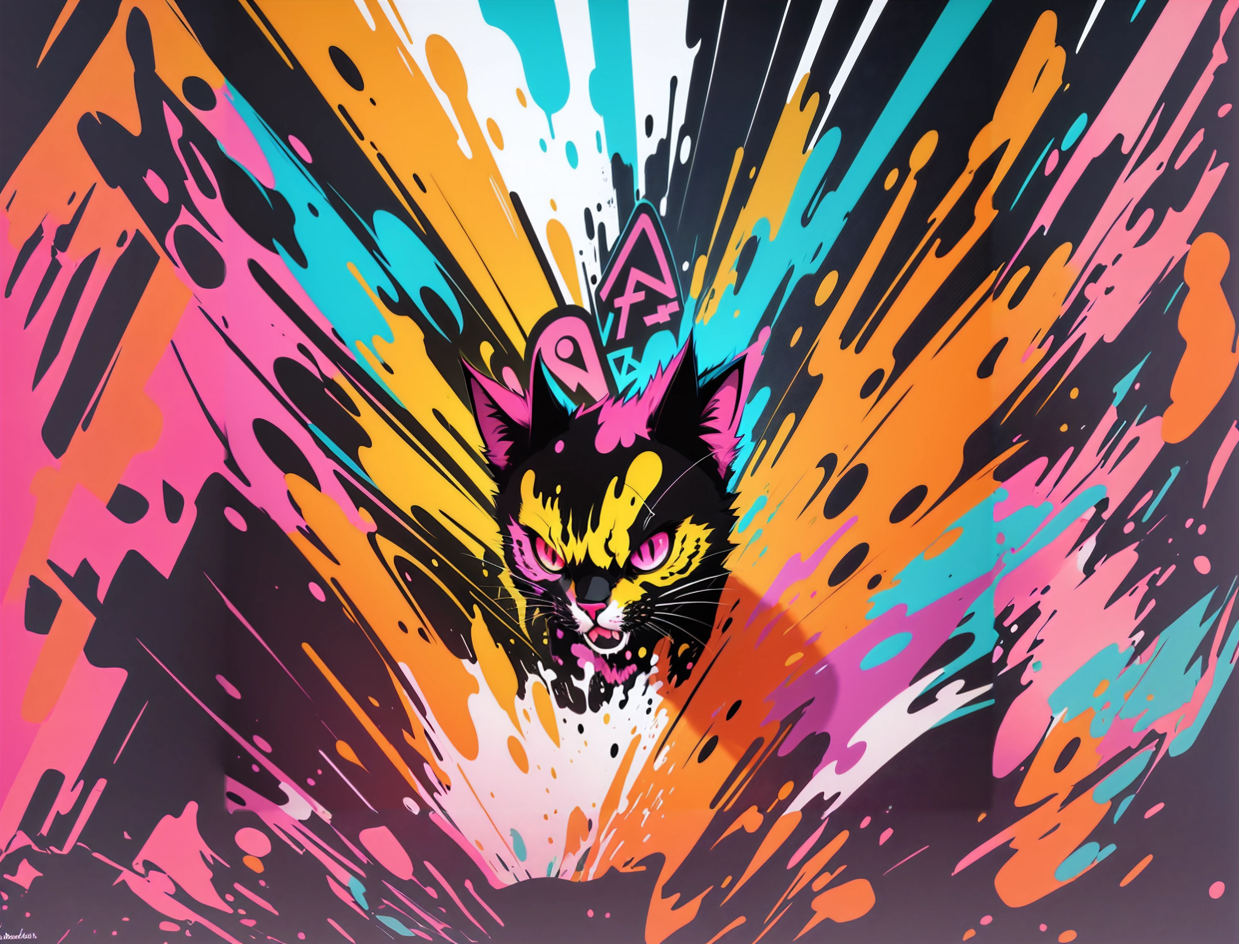 Brightly colored cat with a pink bow on its head, liquid cat, Poisonous cat, Cyberpunk cat, 4k detailed digital art, colorful illustration, Artistic 4K, Digital Artwork 4K, 8k hd wallpaper digital art, Digital Art 4K, Digital Art 4K, 4K highly detailed digital art, multicolored vector art, 4K HD Illustration Wallpapers