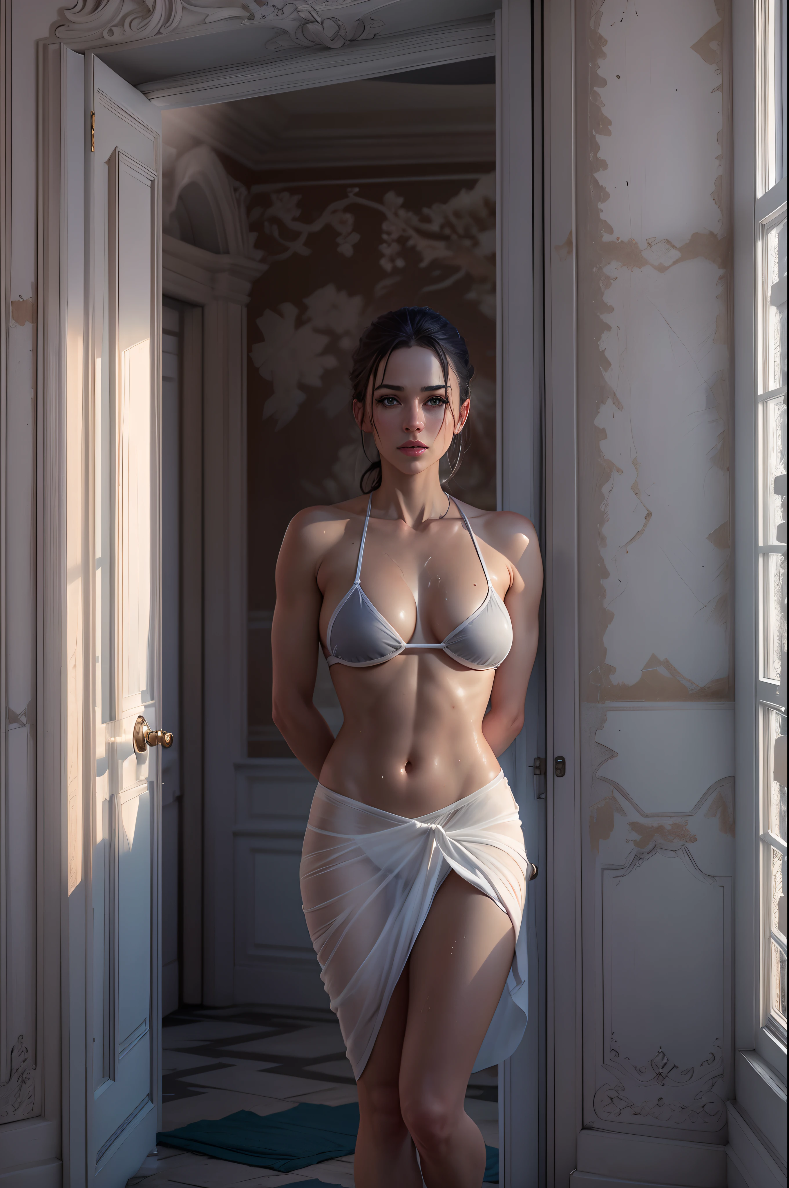 4k highly detailed realistic ((full body including legs)) photo of beautiful 30 year old sweaty girl with ((sharp jawline)) and perky tits, in wet clothes standing by the bedroom window in a royal castle with white stony walls, in a white sarong and bikini, sweaty face, blemish free face, highly detailed face, cinematic , unreal engine, masterpiece