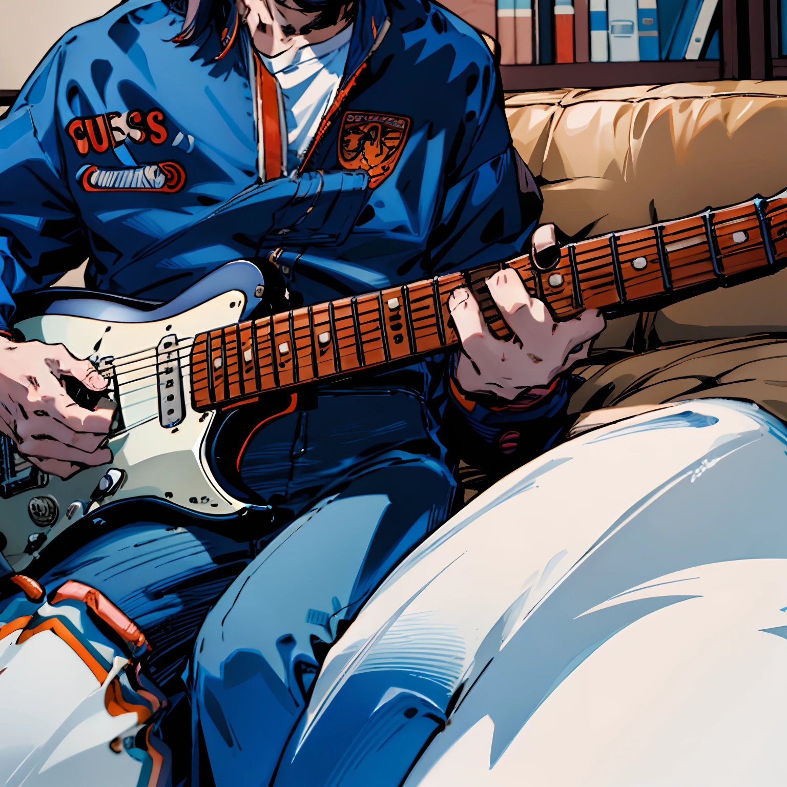 There is a man sitting on the couch playing guitar, guitar solo, plays the guitar, Playing electric guitar, Playing guitar, Playing the guitar, plays the guitar, lead guitar, guitarrist, rocking out, Jam to music, holding electric guitar, In the style of Clint Sheare, holding an electric guitar, Hiroaki Tsutsumi Style, Fender Stratocaster