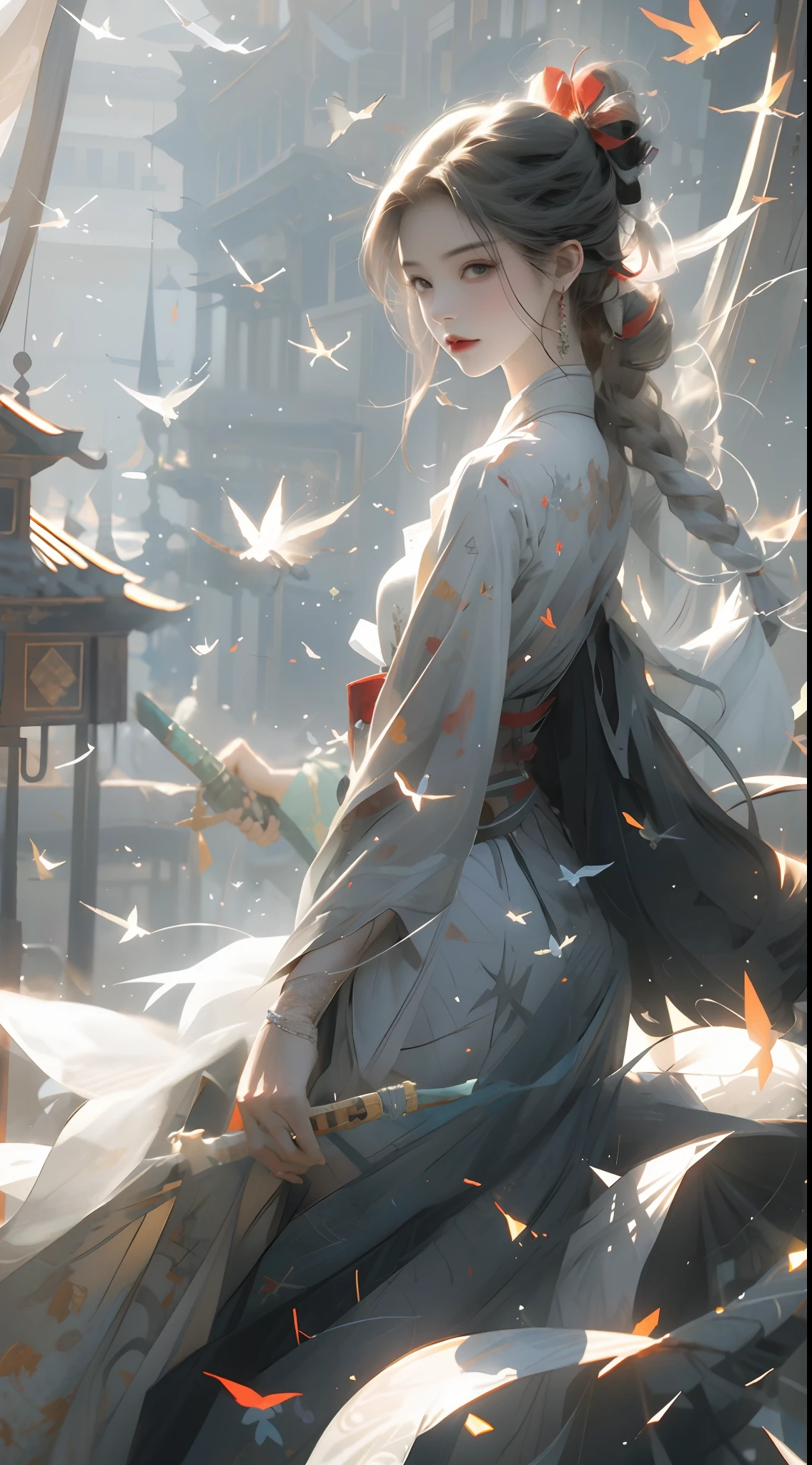 Red ribbons wrapped around hair