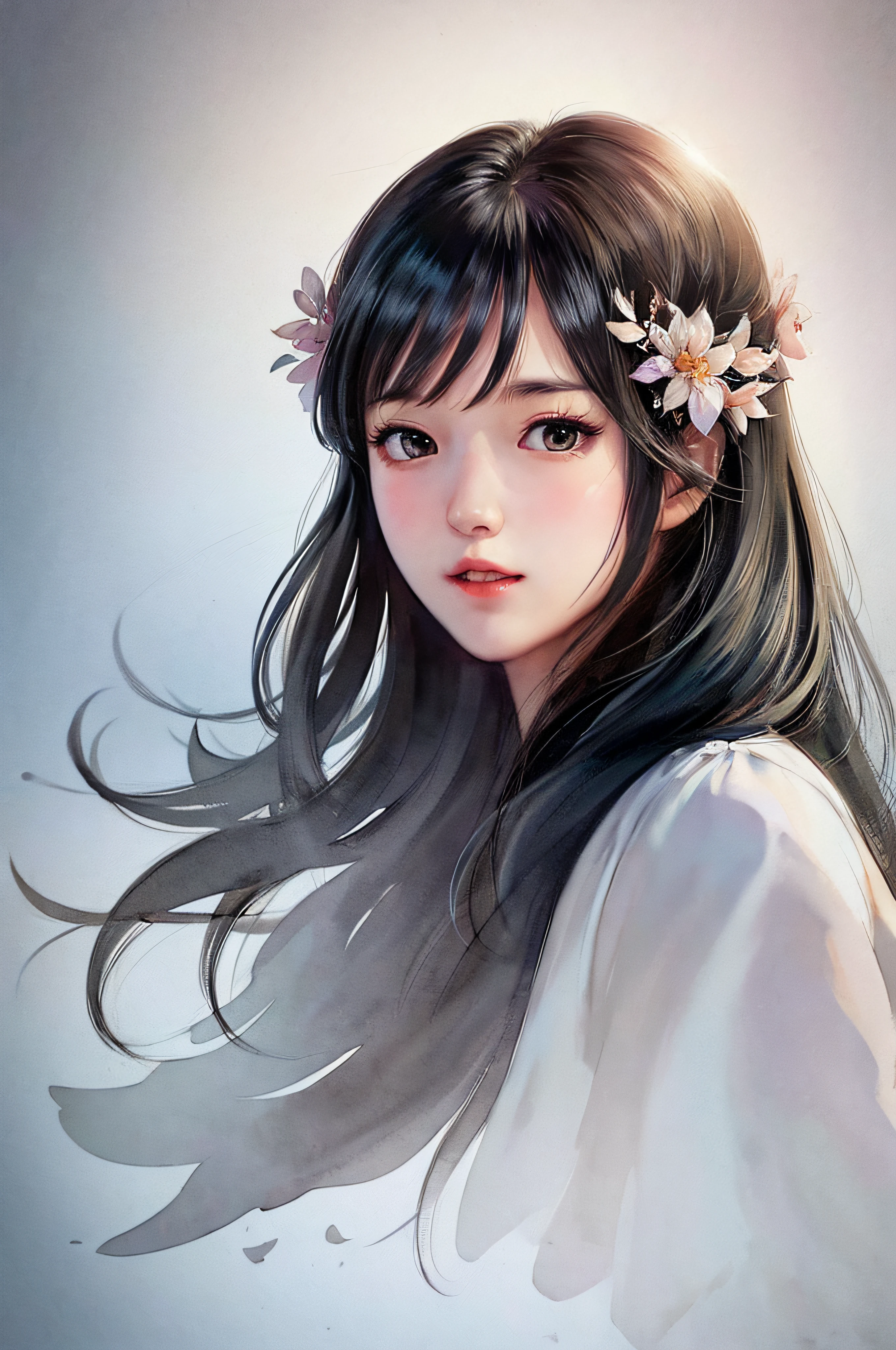 stechu, (white background: 1.4), (tachi-e)), original, (illustration: 1.1), (best quality), (masterpiece: 1.1), (very detailed CG unity 8k wallpaper: 1.1), (color: 0.9), (panoramic shot: 1.4), (single: 1.2), (splashed ink), (splashed color), ((watercolor)), clear and sharp focus, { 1girl standing }, ((korean style)) , flower background, outdoors, rocks, looking at the viewer, making happy expressions, soft smiles, pure, beautiful delicate face and eyes, delicate clothing pattern details, black hair, black eyes, colorwater