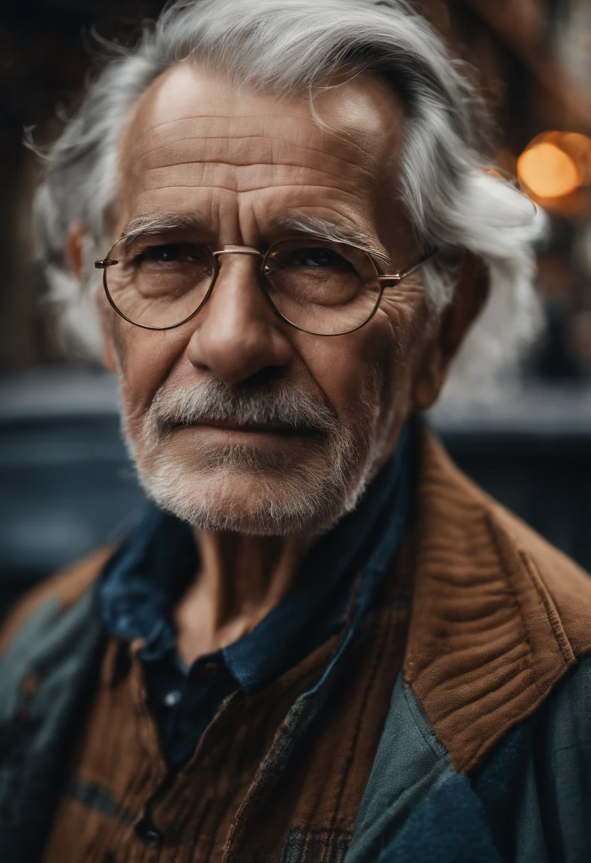 An elderly man in his 60s，Wearing junk clothing，Medium and gray hair