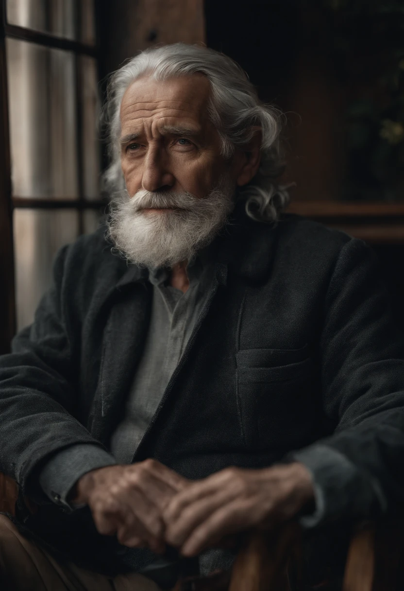An elderly man in his 60s,Wearing junk clothing,Medium and gray hair