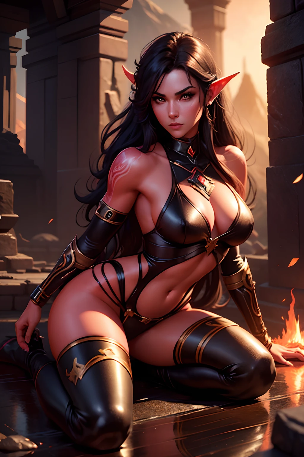 Beautiful female tiefling warrior, red skin, lean athletic body, tall, long curly black hair, amber green eyes, metal armor, amazing beautiful athletic toned body, at the ruins of a temple at a volcano, Beautiful D&D Character Portrait, Ominous, Dark Fantasy, Detailed, Fiverr Dnd Character, Octane Render, Digital Art, Extreme Detail, 4k, Ultra Hd, Polished, Beautiful, Hyperdetailed, Intricate, Elaborate, Meticulous, Anime Character, Detailed, Sharp Focus, Wlop, Character Design, Unreal Engine, 3d Rendered, Volumetric Lighting, Reflections, Glossy, Digital Illustration,Unreal Engine, 3d Rendered, Volumetric Lighting, Reflections, Glossy, Digital Illustration, Sensual Pose, Suggestive Pose, Full Body Shot, anatomically correct, 💖❤💕💋❣