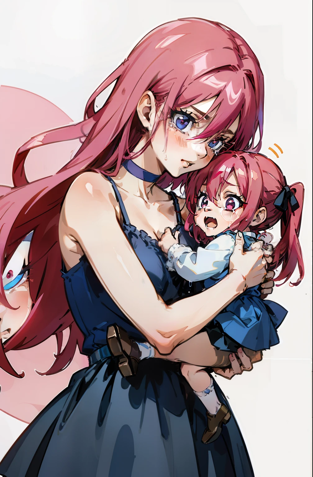 She holds a crying child with reddish pink hair and hair ribbon in a blue camisole with dress, choker。