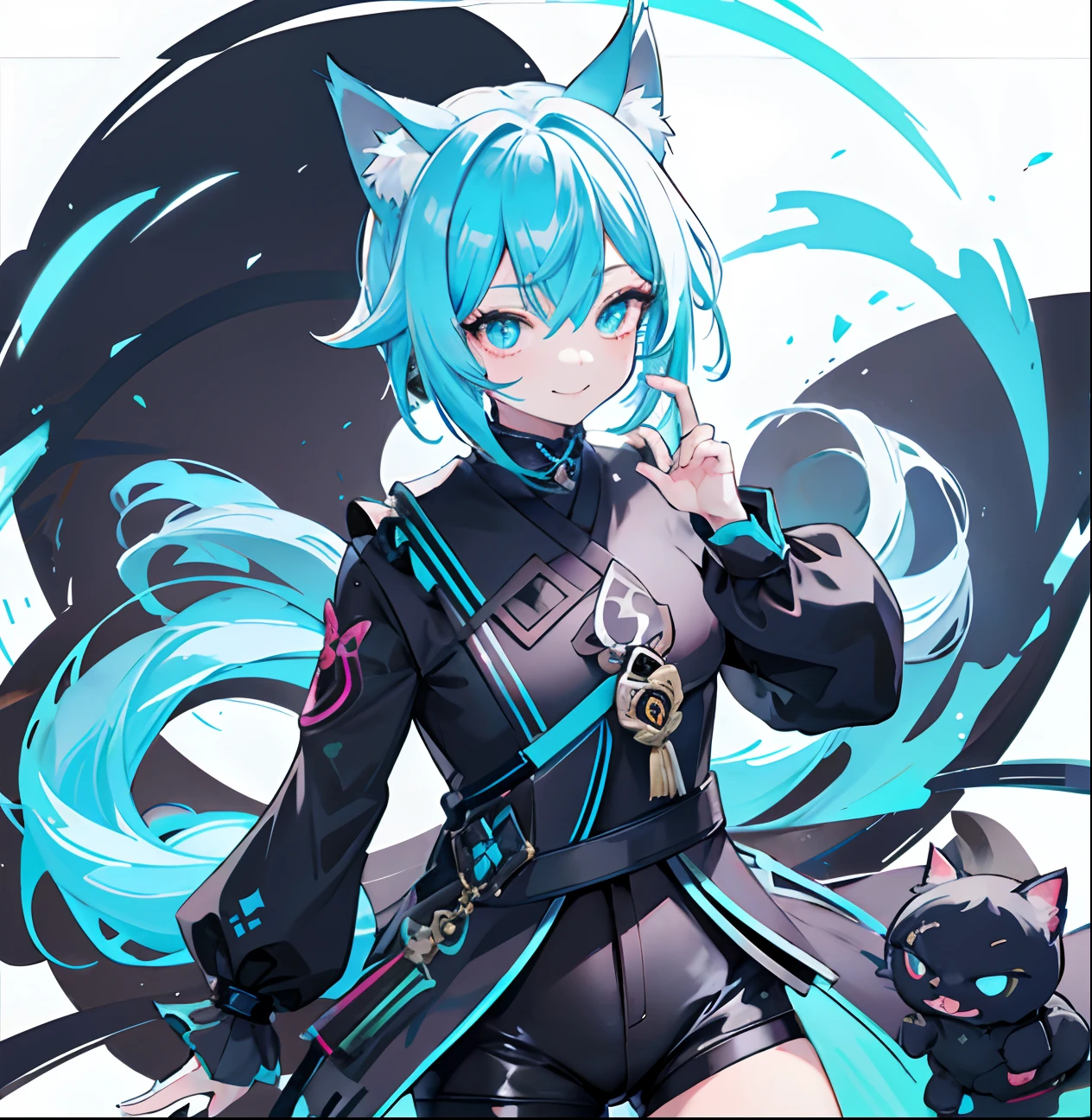 Genshin impact, Girl, Cyan Hair, Cat ears, cute, perfect smile, perfect hands, perfect eyes, cyan eyes, black pullover with white outlines and black shorts, Cyan fluffy cat tail