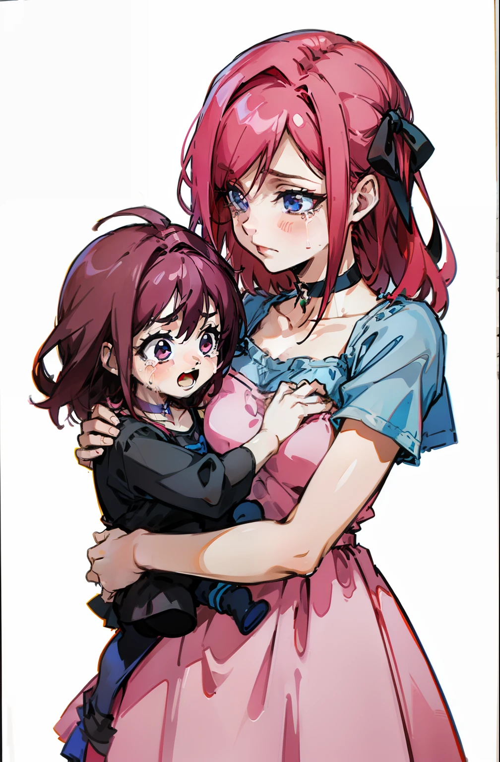 She holds a crying child with reddish pink hair and hair ribbon in a blue camisole with dress, choker。