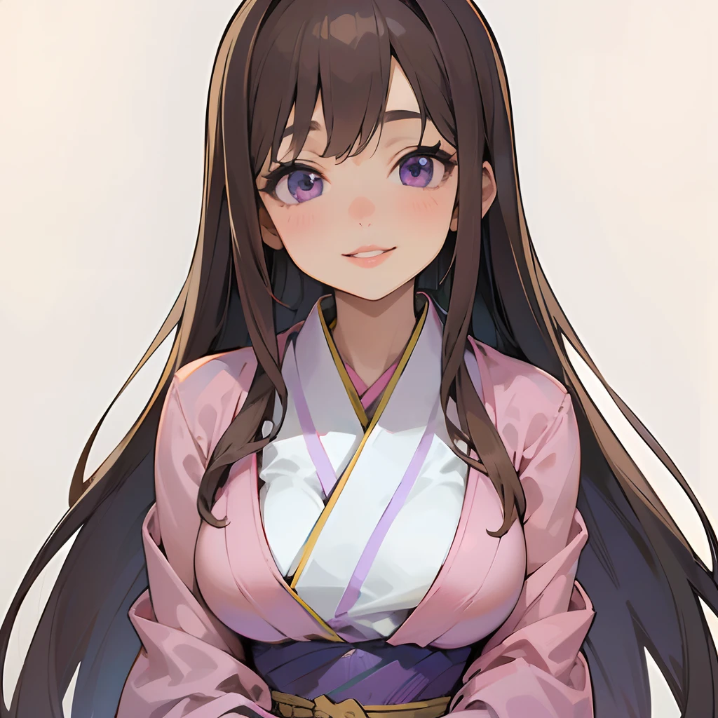 1girl, long brown hair, purple eyes, pink kimono, full lips, gentle smile, medium breast, solo, best quality, masterpiece, portrait, simple background, looking at the camera, from the front, 1result, vibrant, detailed, perfect anatomy, detailed art, high definition, 4k, high resolution