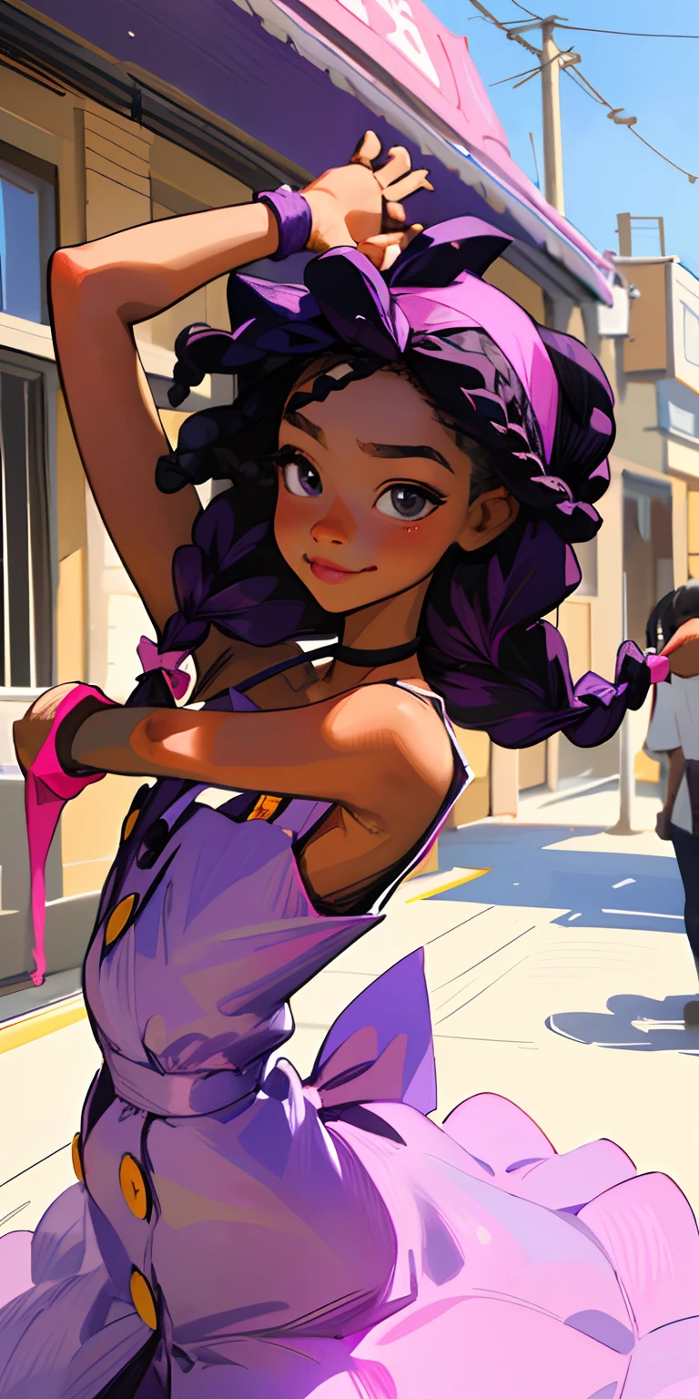 (Realistic) Black cute  girl, Plastic skinny pink headband, purple spaghetti strap dress, closed lip smile, vibrant energy, bubbly appearance, school scenery, dancing, mini indigo bows in hair 
Dark skin, slim petite
Girly style, headband 
Curly micro braids , Button nose , Dark eyes