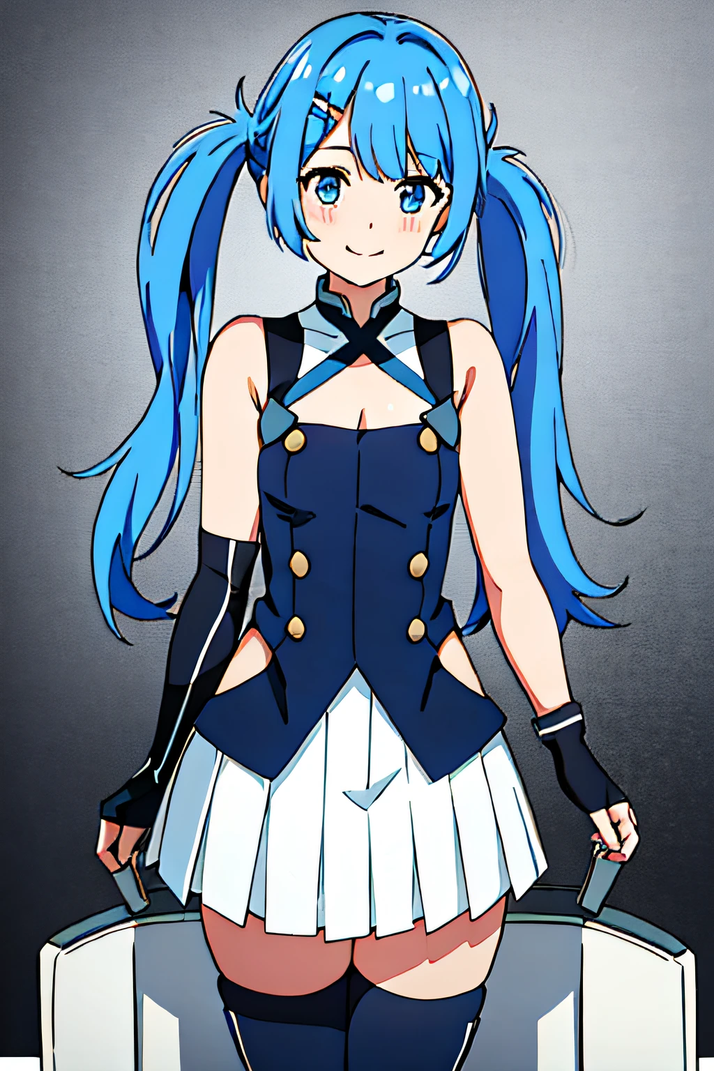 LENA,BLUE HAIR,TWINTAILS, BLUE SHIRT,WHITE SHIRT,WHITE SKIRT, THIGH BOOTS, BLUE THIGHHIGHS, SLEEVELESS, FINGERLESS GLOVES, MINISKIRT, 1girl, solo, facing viewer, looking at viewer, upper body, smile.