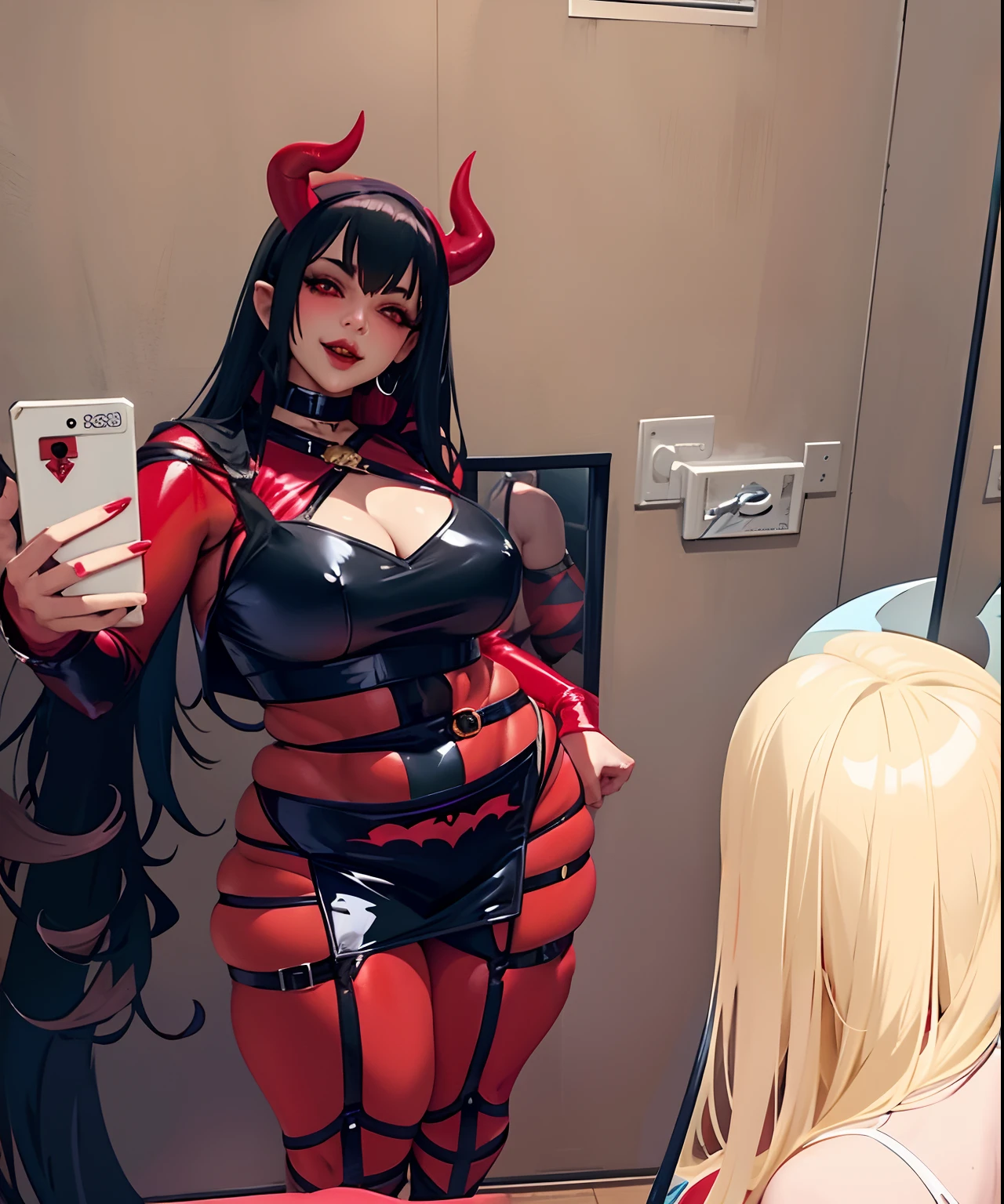 woman in devil costume taking a selfie in mirror with devil horns, very sexy devil outfit, hot topic anime convention, tiefling from d & d, thicc, cosplay, red and black costume!!!, professional cosplay, full body with costume, succubus in tight short dress, full body devil woman