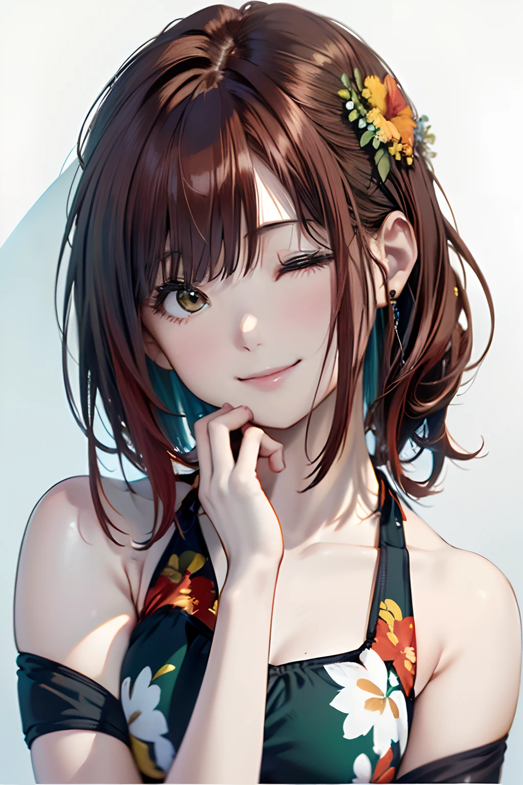 (Best Quality, 8K, Oil Painting, masutepiece:1.2), Ultra-detailed, (Realistic, Photorealistic:1.37), (((FULL BODYSHOT)))、Vibrant colors, (((A smile)))、(((Green Bikini)))、(((Floral Bikini)))、(((20Women of a certain age)))、(((slightly smaller breasts)))、 (((red hairs)))、(((Shoulder-length bob hair)))、((( White background))), (((I have my mouth wide open)))、(((Girly Hairstyles)))、(((bobhair)))、(((In front of a white wall)))、(((Applause)))、(((Nothing on the top of the head)))、(((White teeth are visible)))