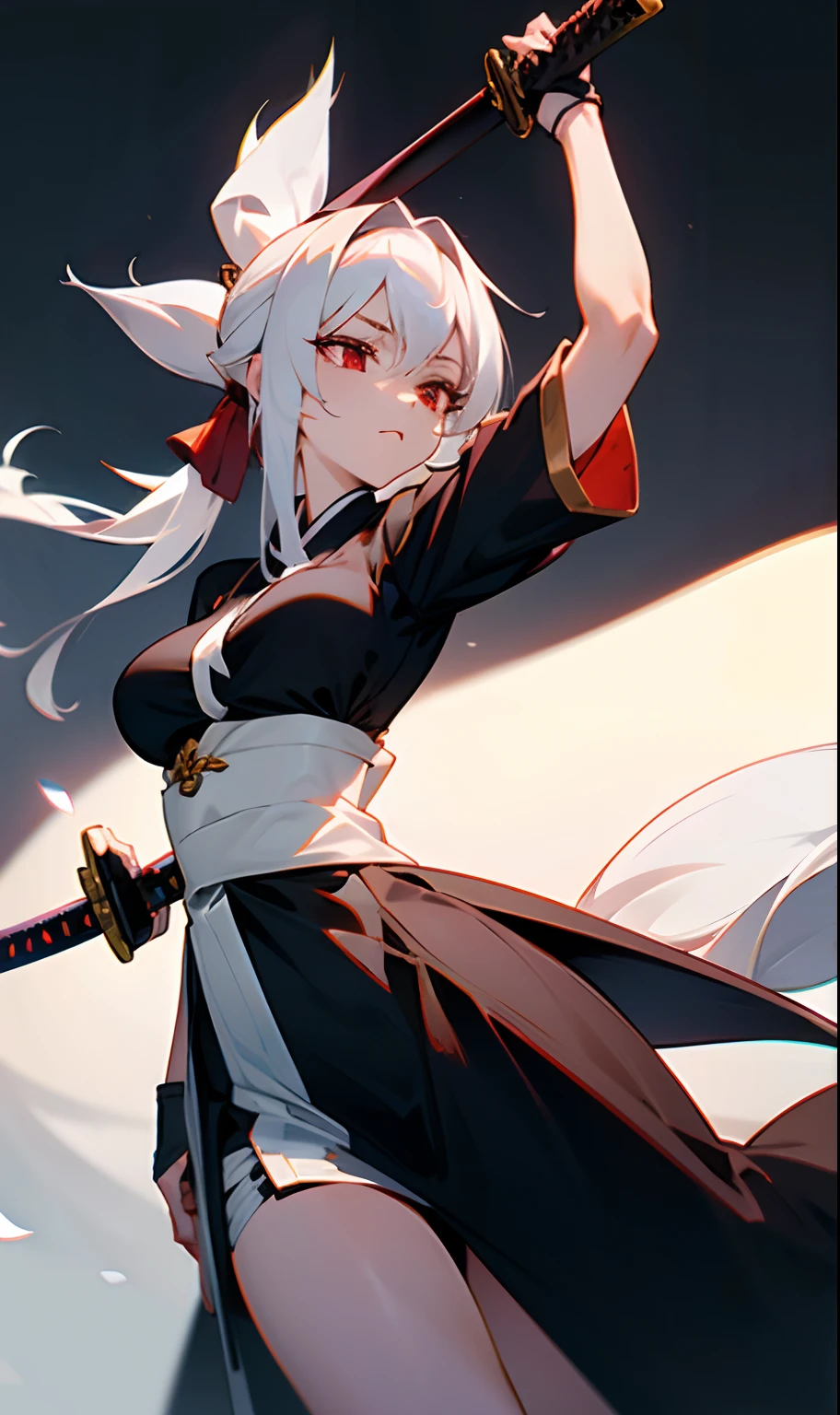 Garota com corpo forte, medium breasts with long straight white hair down to her leg wearing a black haori with some white armbands and some white articles of clothing with a katana at the blue waist and hair tied up in the red eyes