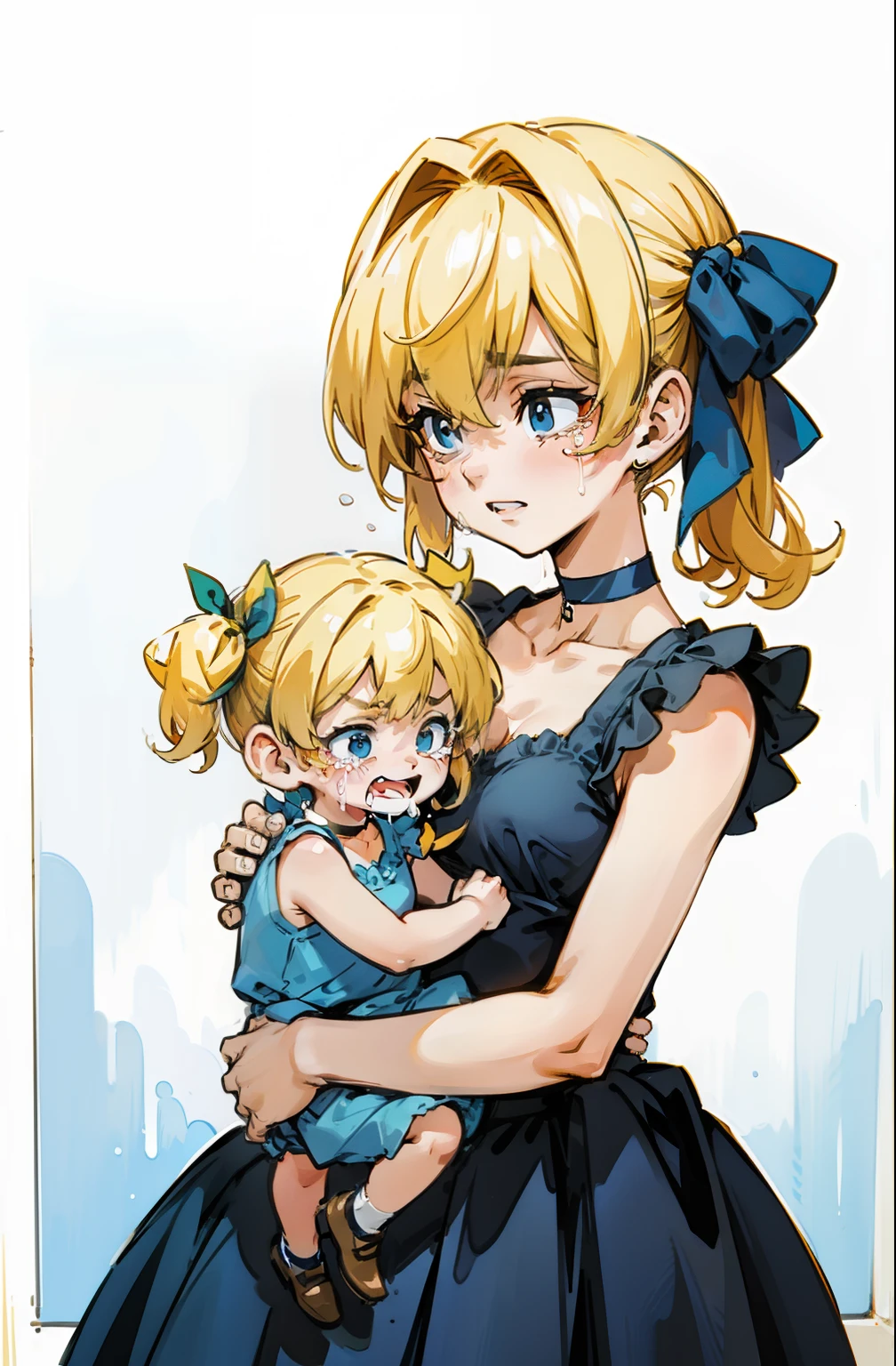 She holds a crying child with blonde hair and hair ribbon in a blue camisole with dress, choker。