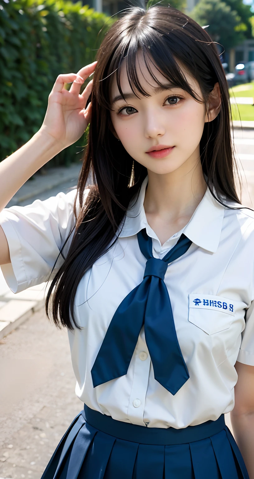 ((top-quality、​masterpiece))、Raw photography、8K、top-quality、 超A high resolution、Beautiful face in every detail、Realistic human skin、Gentle expression、front-facing view、Farbe々From an angle、realisitic、Photorealsitic、Beautie、length hair、a short skirt、Beautiful schoolgirl、Japan schoolgirl wearing uniform、Surreal High School Girl、(wrist watch)、neck tie、smil、a park、blue-sky、lawn、