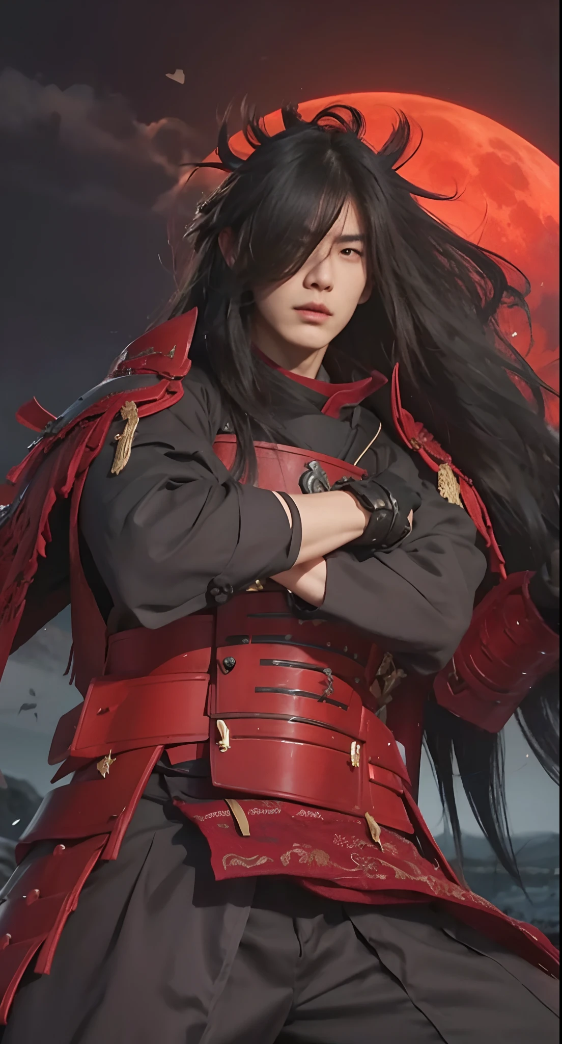Real life adaption of this character, adult handsome face, very angry expression, looking to viewer,realistic same hair , realistic same outfit wear red iron armor like samurai outfit, realistic red moon background, hyper realistic, realistic light, realistic shadow, realism,(photorealistic:1.2)