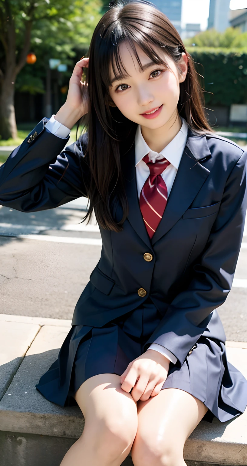 ((top-quality、masterpiece))、Raw photography、8K、top-quality、 超A high resolution、Beautiful face in every detail、Realistic human skin、Gentle expression、front-facing view、Farbe々From an angle、realisitic、Photorealsitic、Beautie、length hair、a short skirt、Beautiful schoolgirl、Japan schoolgirl wearing uniform、Surreal High School Girl、(wrist watch)、neck tie、smil、a park、blue-sky、lawn、