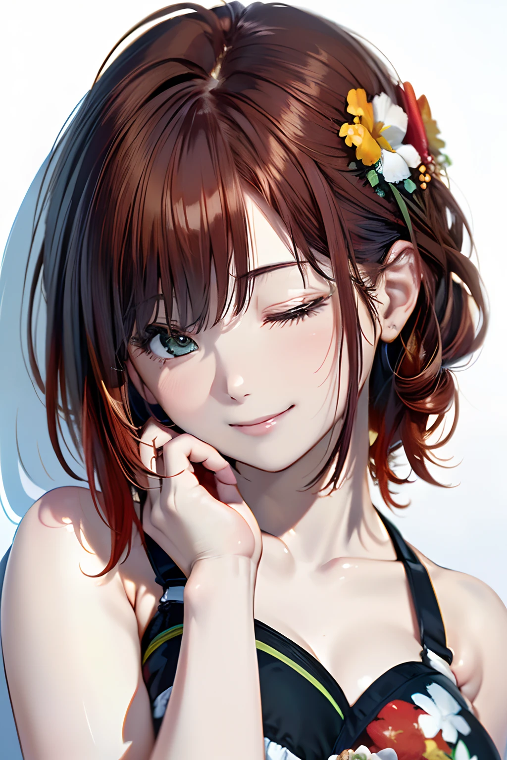 (Best Quality, 8K, Oil Painting, masutepiece:1.2), Ultra-detailed, (Realistic, Photorealistic:1.37), (((FULL BODYSHOT)))、Vibrant colors, (((deadpan)))、(((Green Micro Bikini)))、(((Small floral swimsuit)))、(((Wearing a micro bikini)))、(((２０Women of a certain age)))、(((Sleeping)))、 (((red hairs)))、(((Shoulder-length bob hair)))、((( White background))), (((Suyasuya)))、(((Put your hands together next to your cheeks)))、(((Girly Hairstyles)))、(((bobhair)))、(((In front of a white wall)))、(((Nothing on the top of the head)))、(((I put my hand next to my face)))、(((Restful smile)))