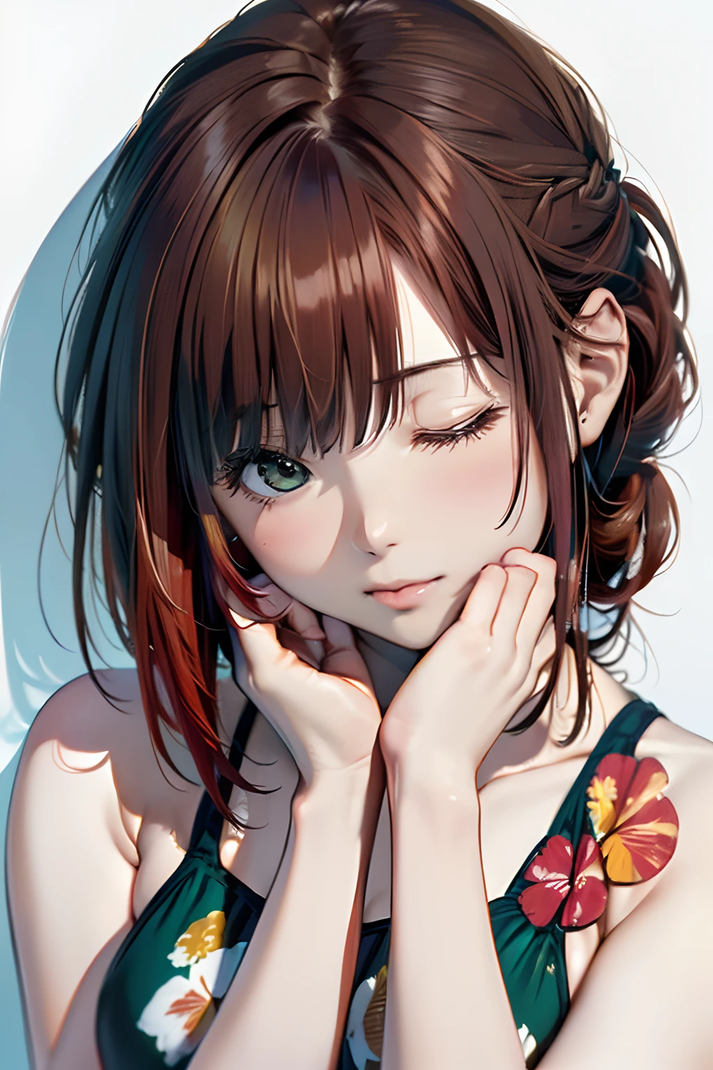 (Best Quality, 8K, Oil Painting, masutepiece:1.2), Ultra-detailed, (Realistic, Photorealistic:1.37), (((FULL BODYSHOT)))、Vibrant colors, (((deadpan)))、(((Green Micro Bikini)))、(((Small floral swimsuit)))、(((Wearing a micro bikini)))、(((20Women of a certain age)))、(((Sleeping)))、 (((red hairs)))、(((Shoulder-length bob hair)))、((( White background))), (((Suyasuya)))、(((Put your hands together next to your cheeks)))、(((Girly Hairstyles)))、(((bobhair)))、(((In front of a white wall)))、(((Nothing on the top of the head)))、(((Hands on the side of the face)))