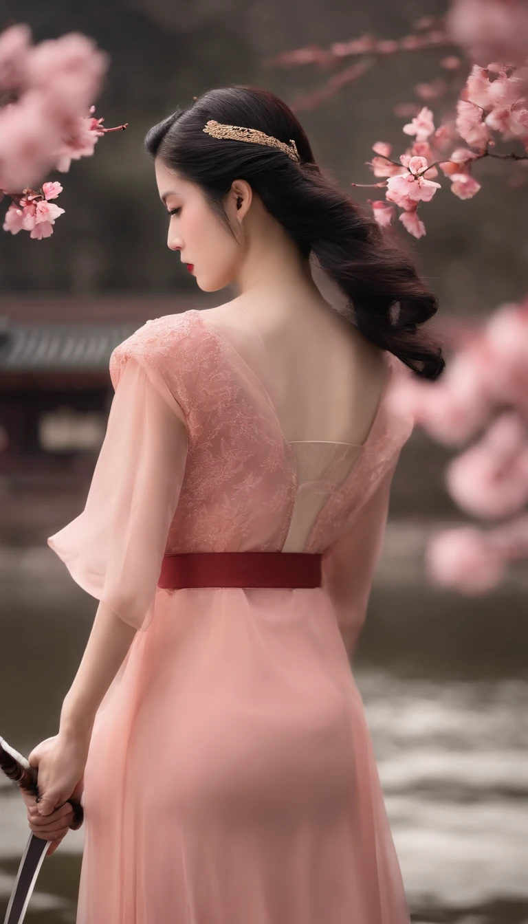 Danfeng Eyes,bushido,The upper part of the body,Black coiled hair,Simple hairpins,Cold eyes,solo person,orthofacial,frontage,Peach blossom background,Highly saturated colors,Hyper Real,8K high-definition,holding a longsword,Absolutely beautiful,high light,plethora of colors