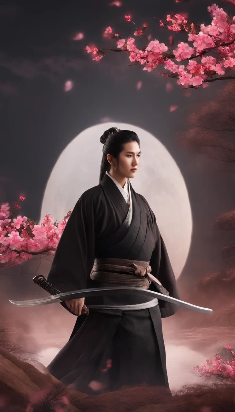 Danfeng Eyes，bushido，The upper part of the body，Black coiled hair，Simple hairpins，Cold eyes，solo person，orthofacial，frontage，Peach blossom background，Highly saturated colors，Hyper Real，8K high-definition，holding a longsword，Absolutely beautiful，high light，plethora of colors