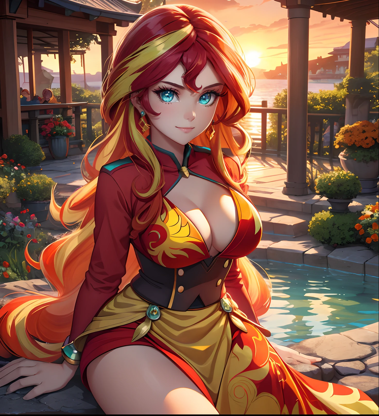 Sunsethuman, Sunset Shimmer, Sunset Shimmer from my little pony, Sunset Shimmer in the form of a girl, big breasts, lush breasts, voluminous breasts, firm breast, detailed hands, two tones of hair, red and yellow hair,sitting in a garden, red and orange flowers, solo, one character, red and orange dress, long sleeves,thin, no muscles, normal body, turquoise eyes, gentle smile, sunset, beautiful detailed garden