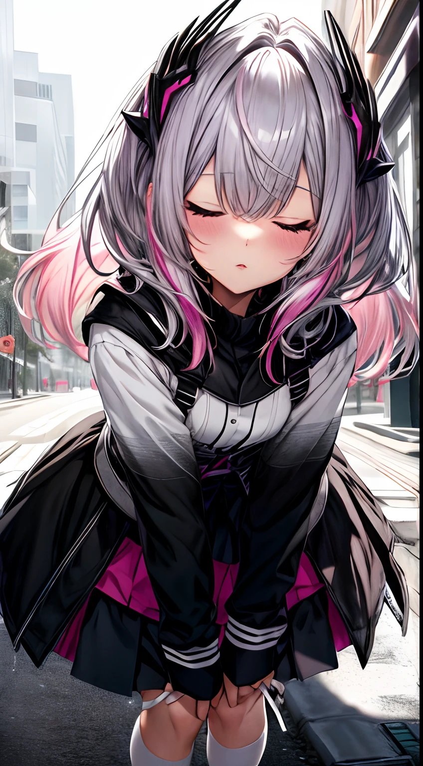 Pink and silver hair color、Black clothes、Black skirt、kiss、white sock、Perfect body